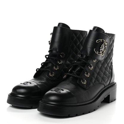 Chanel Shiny Goatskin Calfskin Quilted Lace Up Combat Boots 40 Black 3 of 9