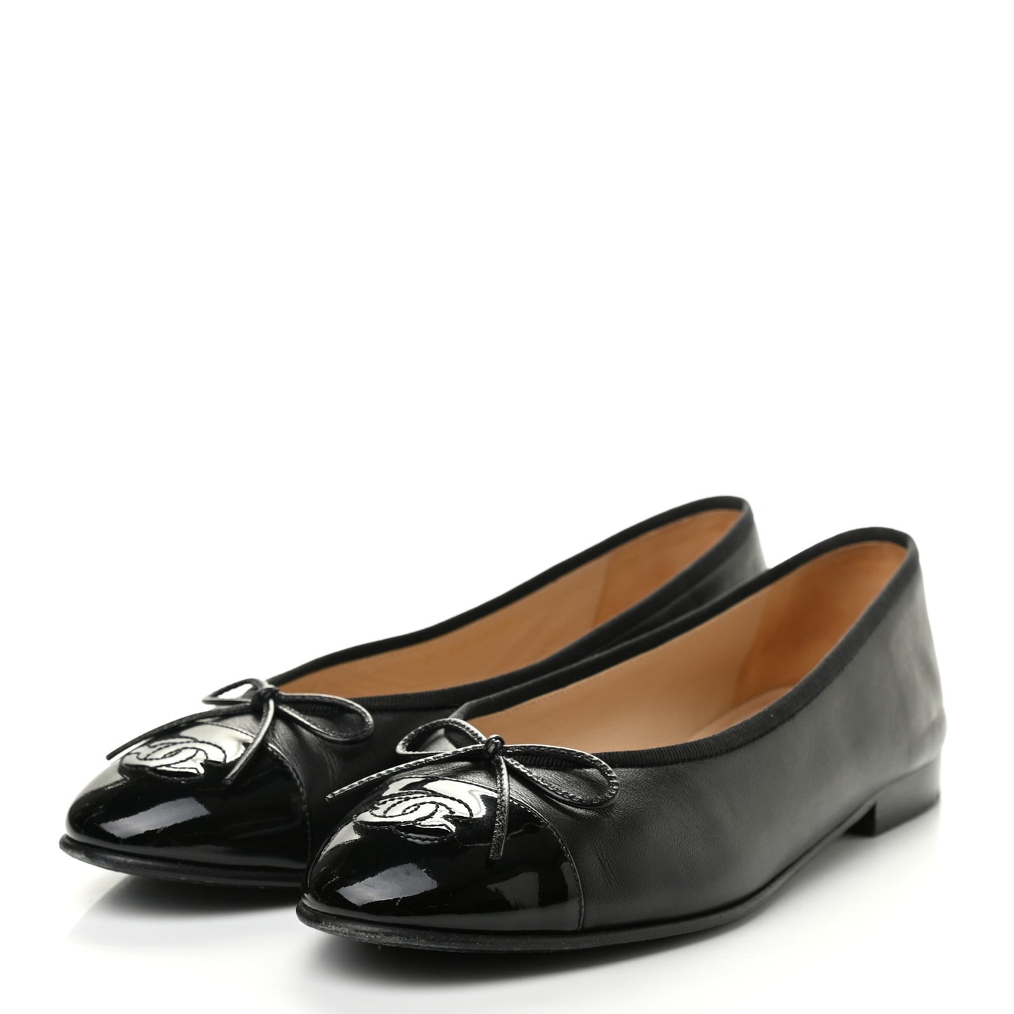 Lambskin Patent Cap Toe Camellia Ballerina Flats 38.5 Black