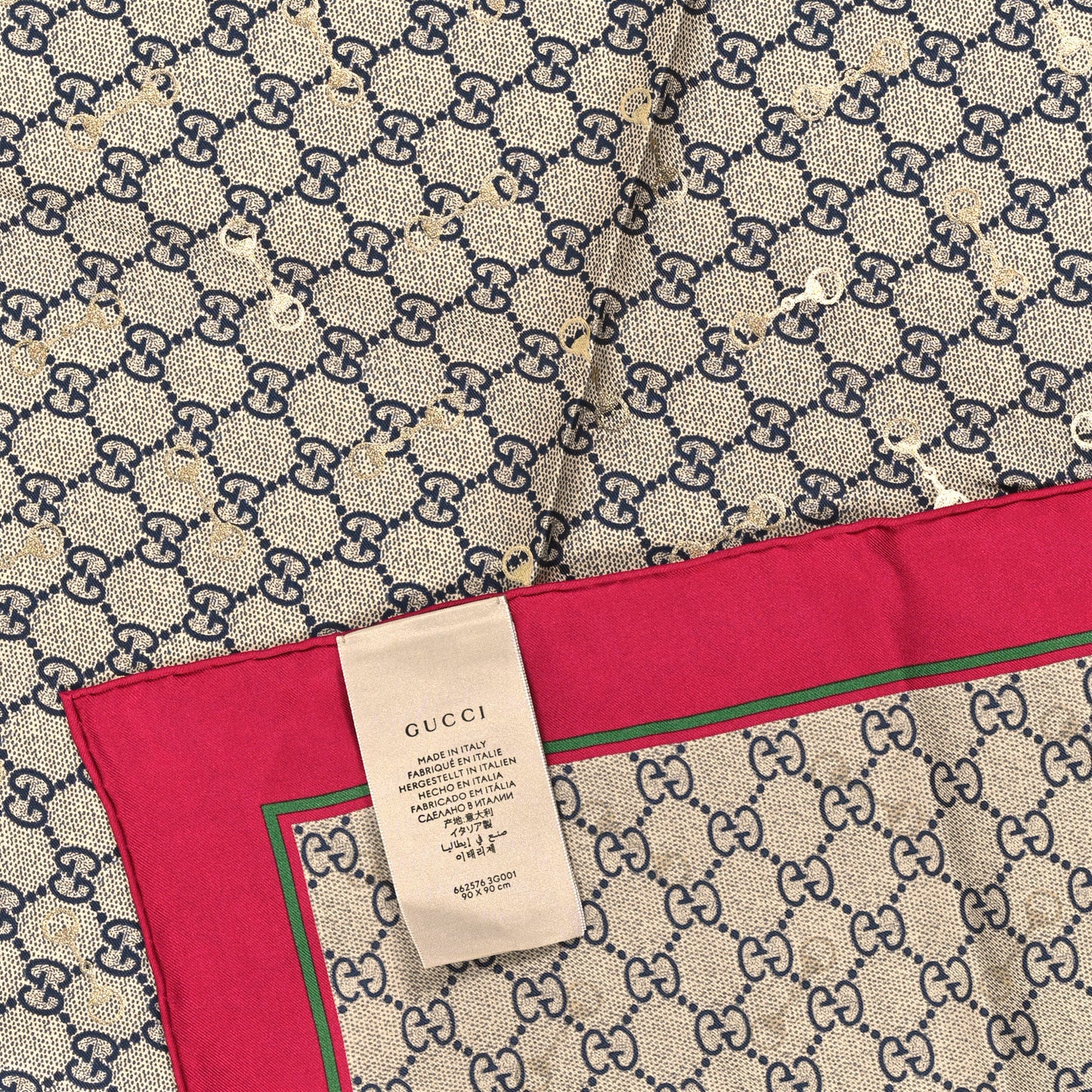 Silk Twill GG Monogram GG Gold Horsebit Square Scarf Beige Red