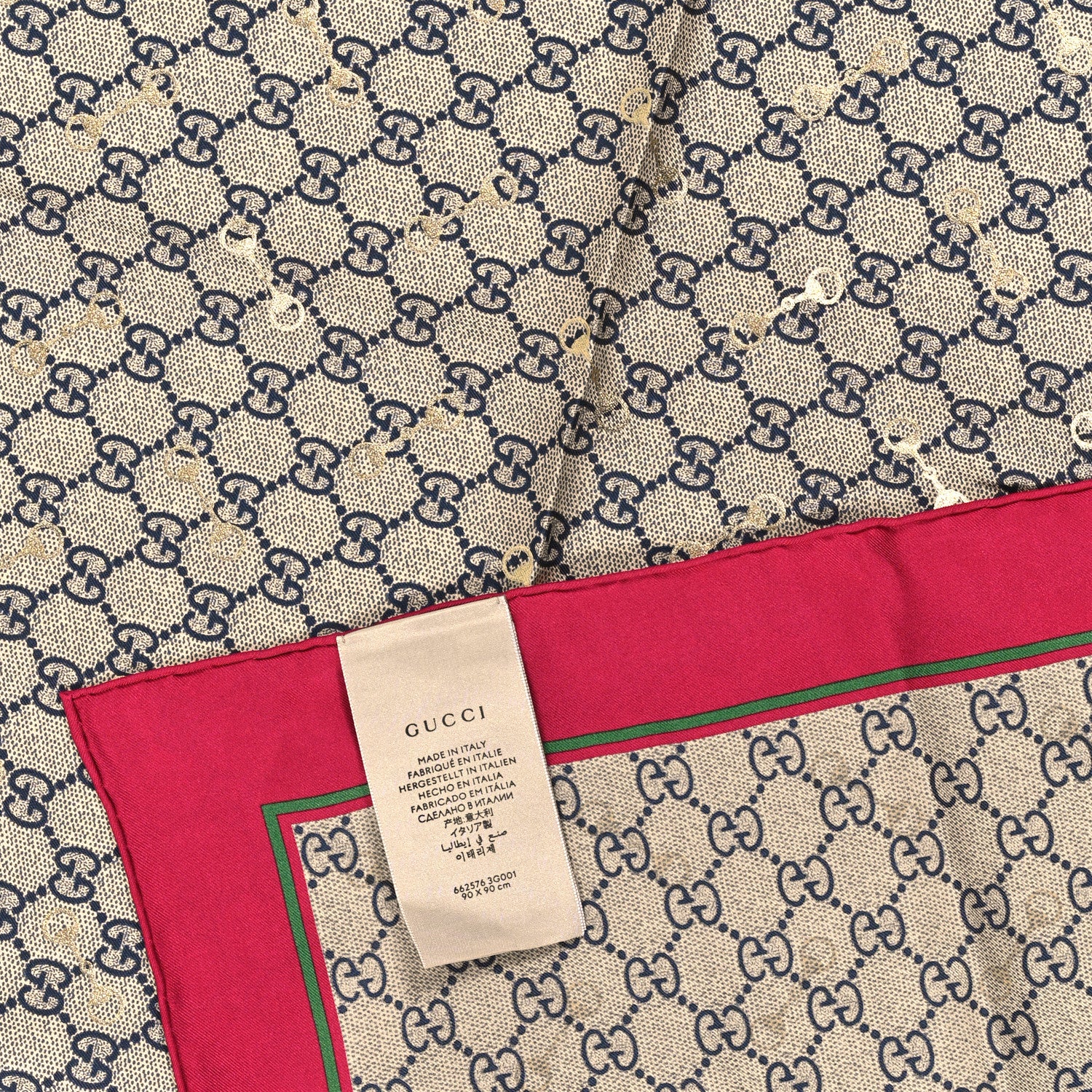 Gucci Silk Twill GG Monogram GG Gold Horsebit Square Scarf Beige Red 3 of 3