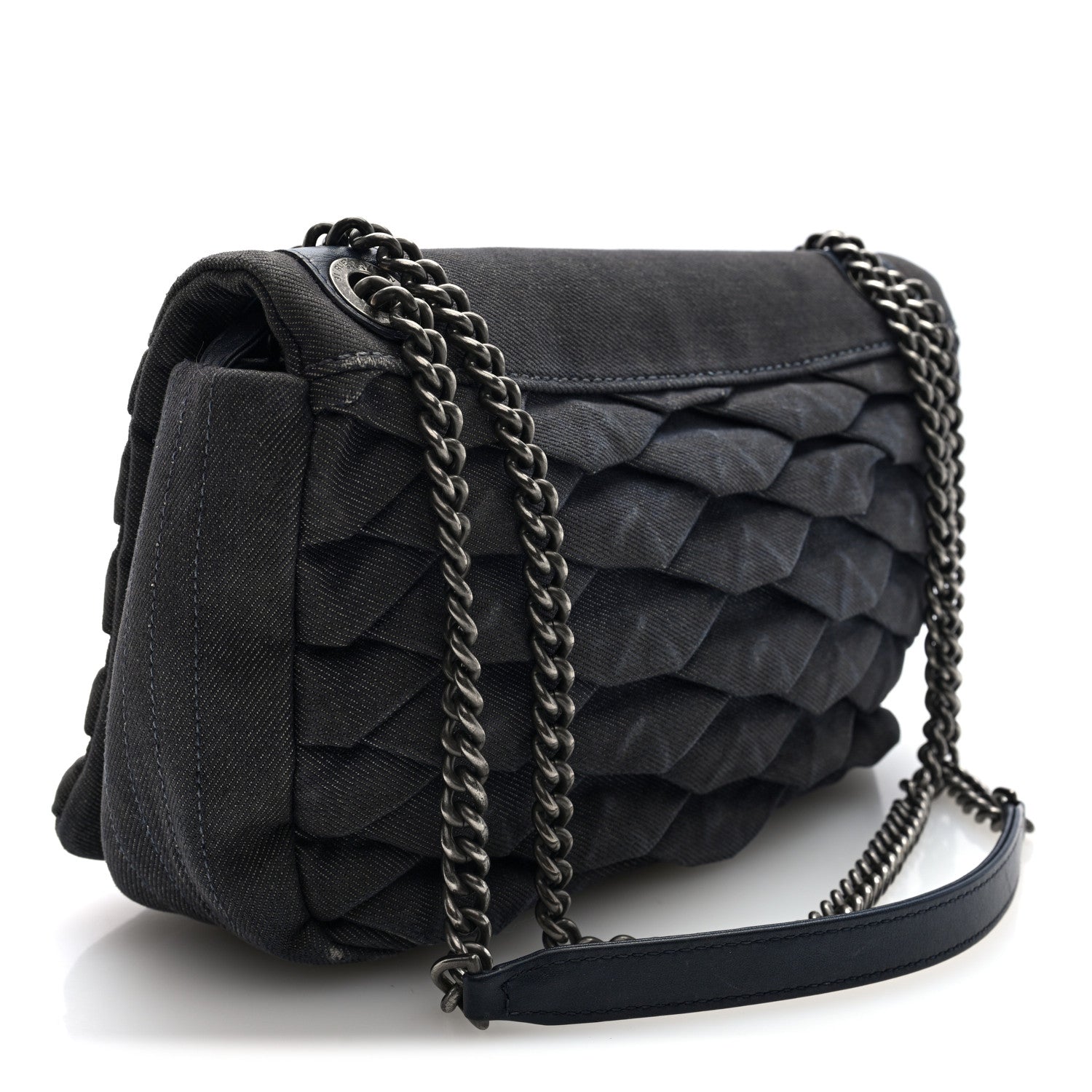 Chanel Denim Pleated Denim Turtle Flap Dark Blue 3 of 11
