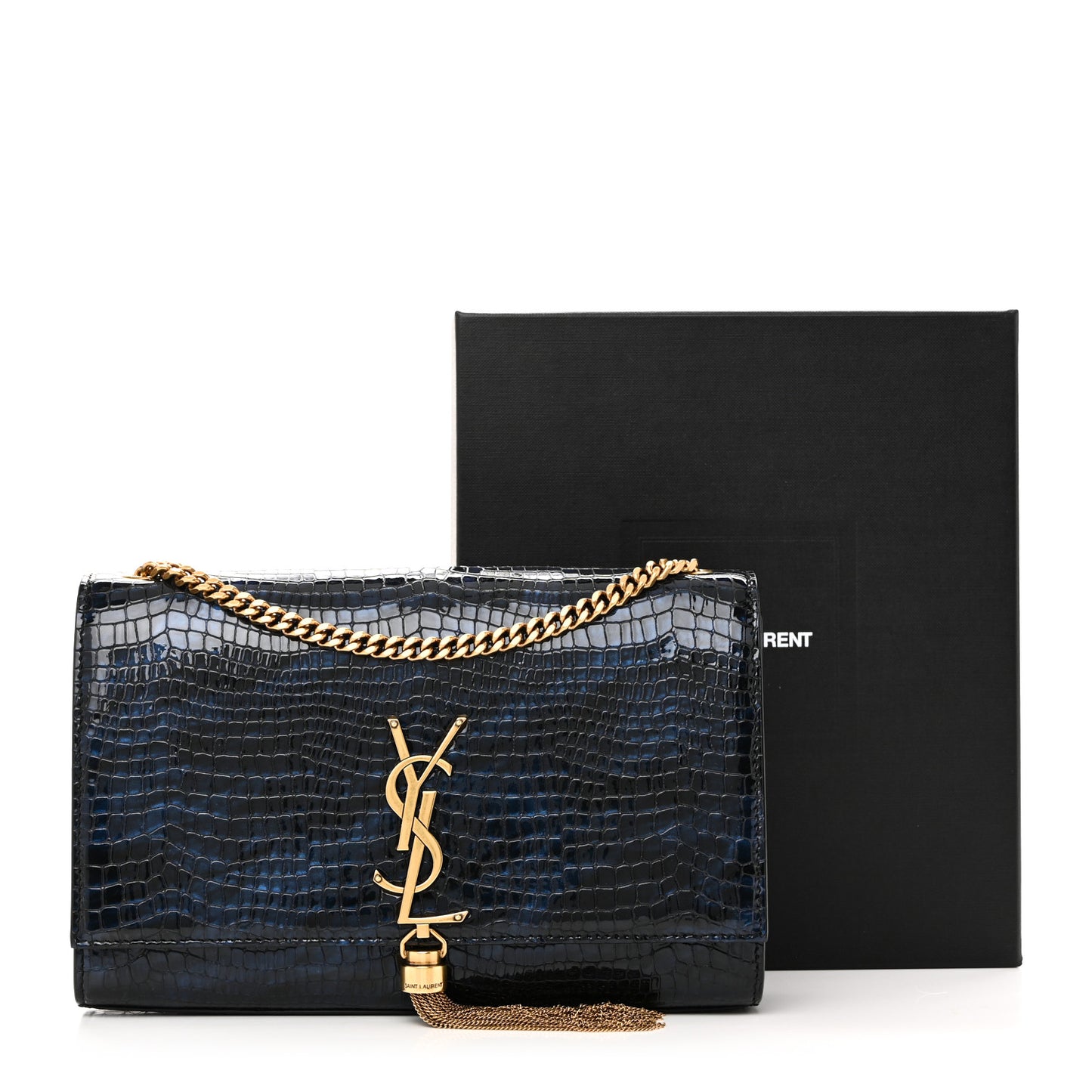 Calfskin Crocodile Embossed Medium Classic Monogram Kate Tassel Satchel Black Blue