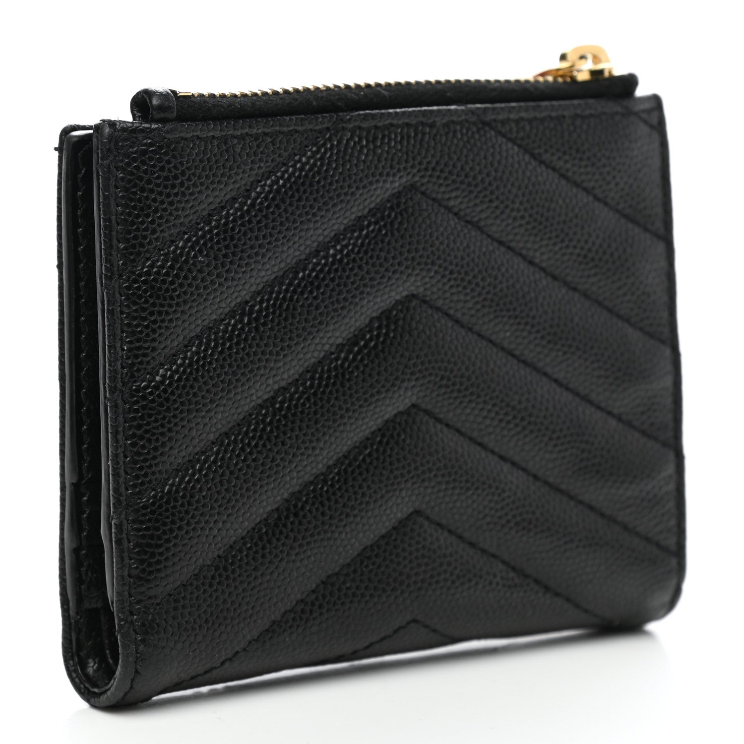 Saint Laurent Grain De Poudre Matelasse Chevron Monogram Zipped Card Case Black 3 of 9