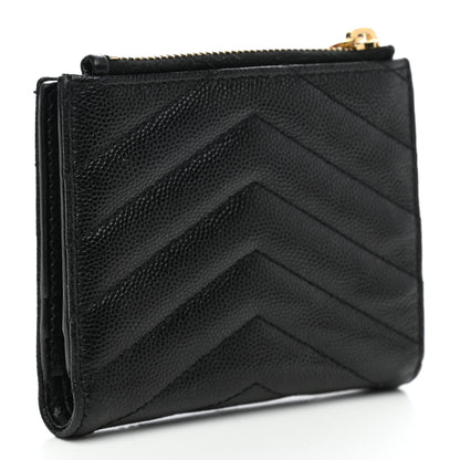 Saint Laurent Grain De Poudre Matelasse Chevron Monogram Zipped Card Case Black 3 of 9