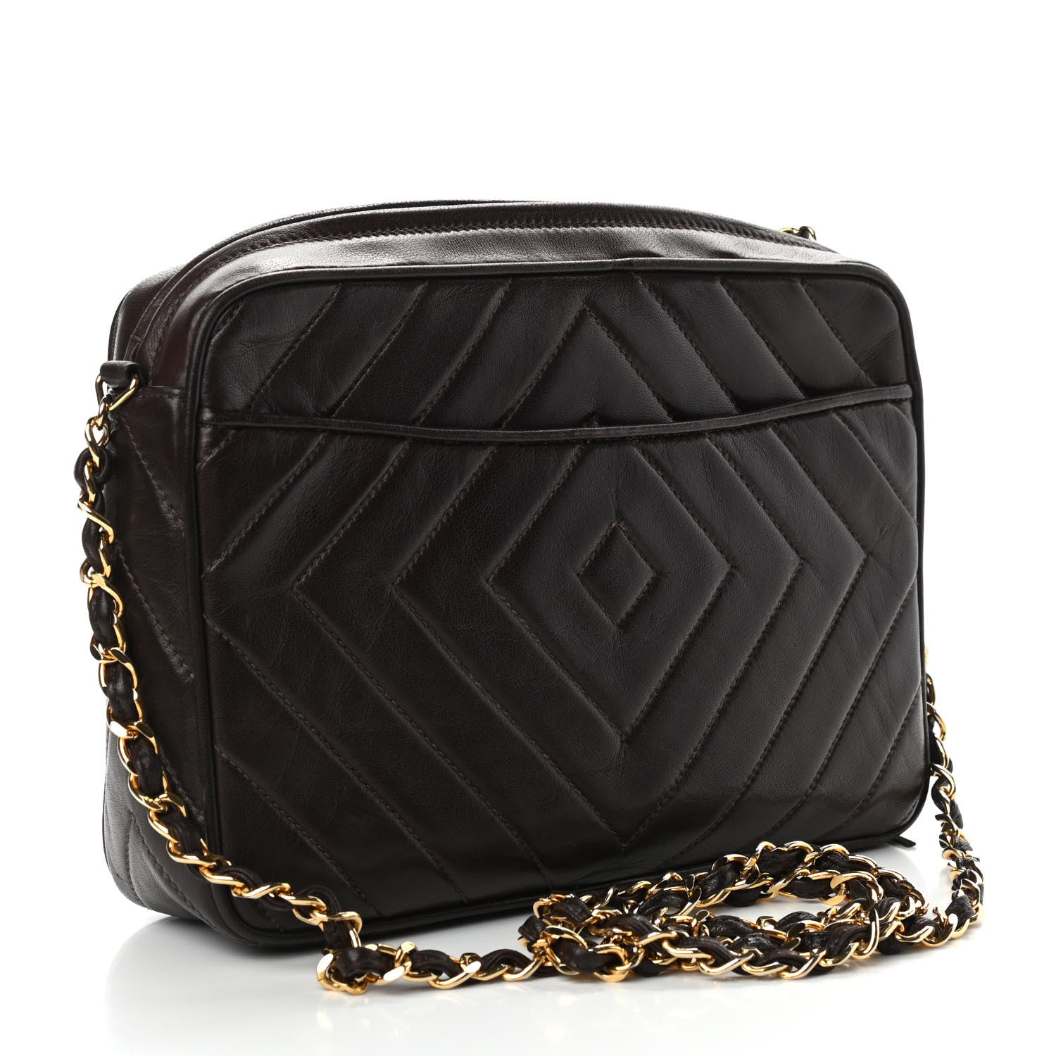 Chanel Lambskin Chevron Quilted Tassel Camera Case Brown 3 of 11