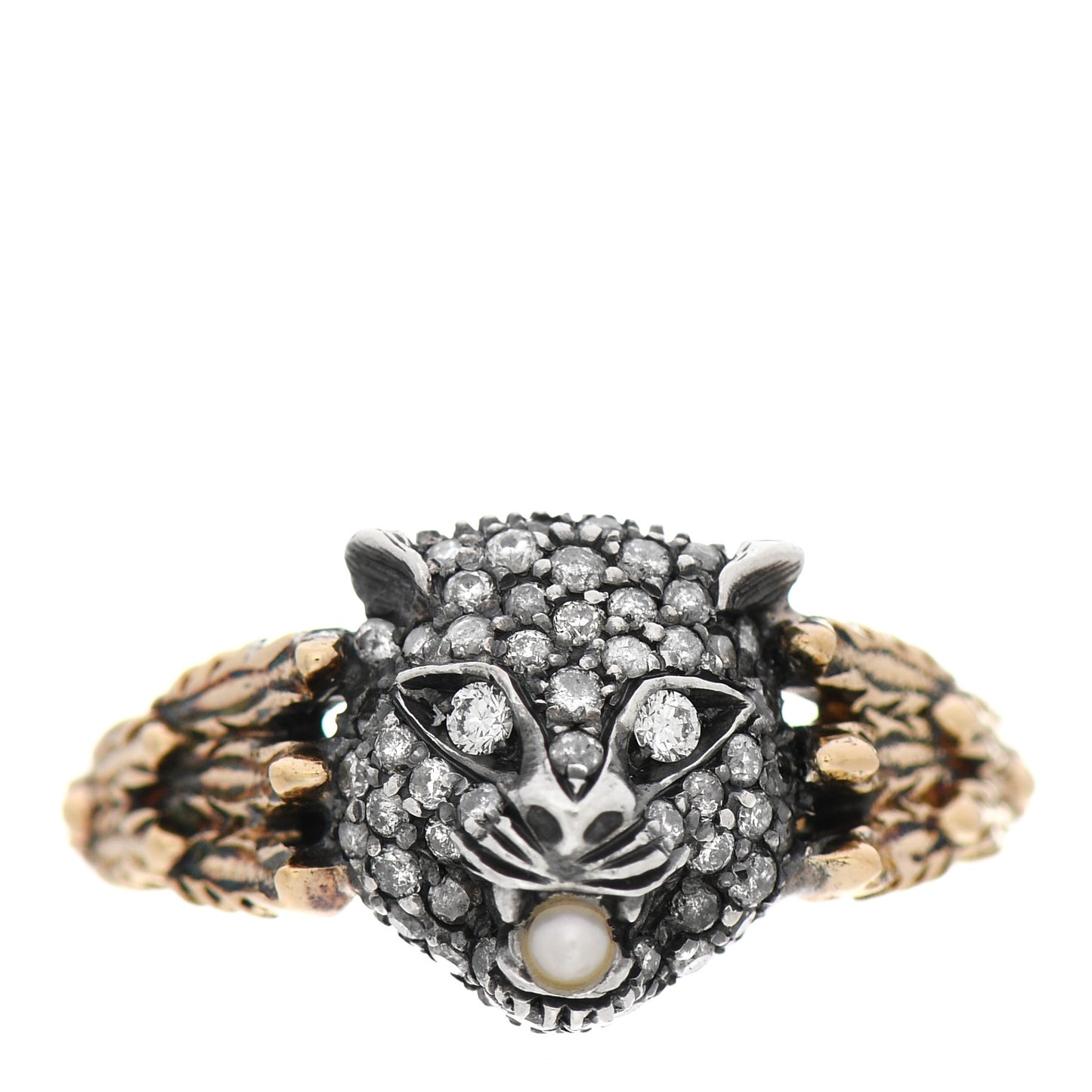 18K Yellow Gold Sterling Silver Diamond Pearl Le Marche Des Merveilles Feline Ring 54 6.75