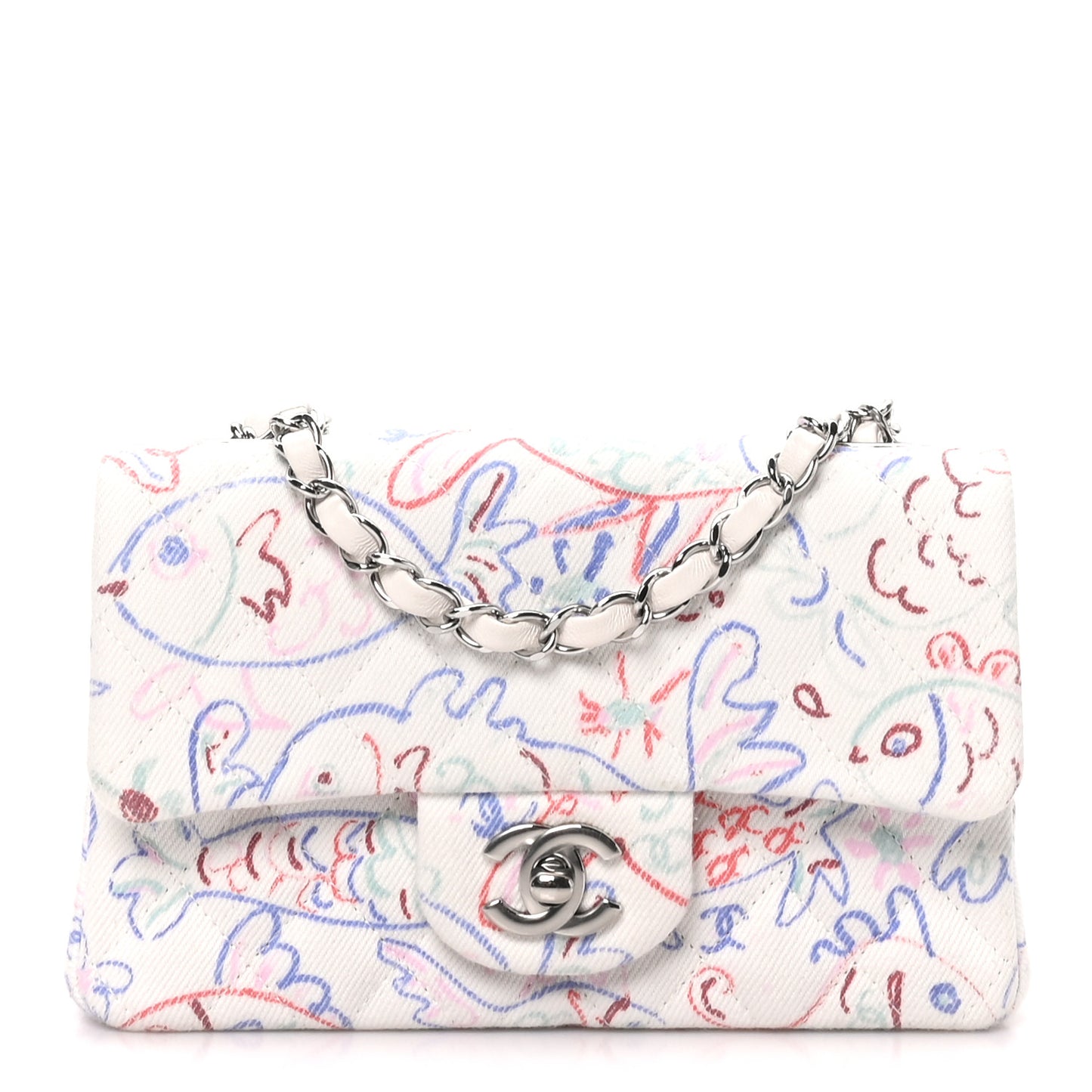 Denim Printed Fish Quilted Mini Rectangular Flap White Multicolor