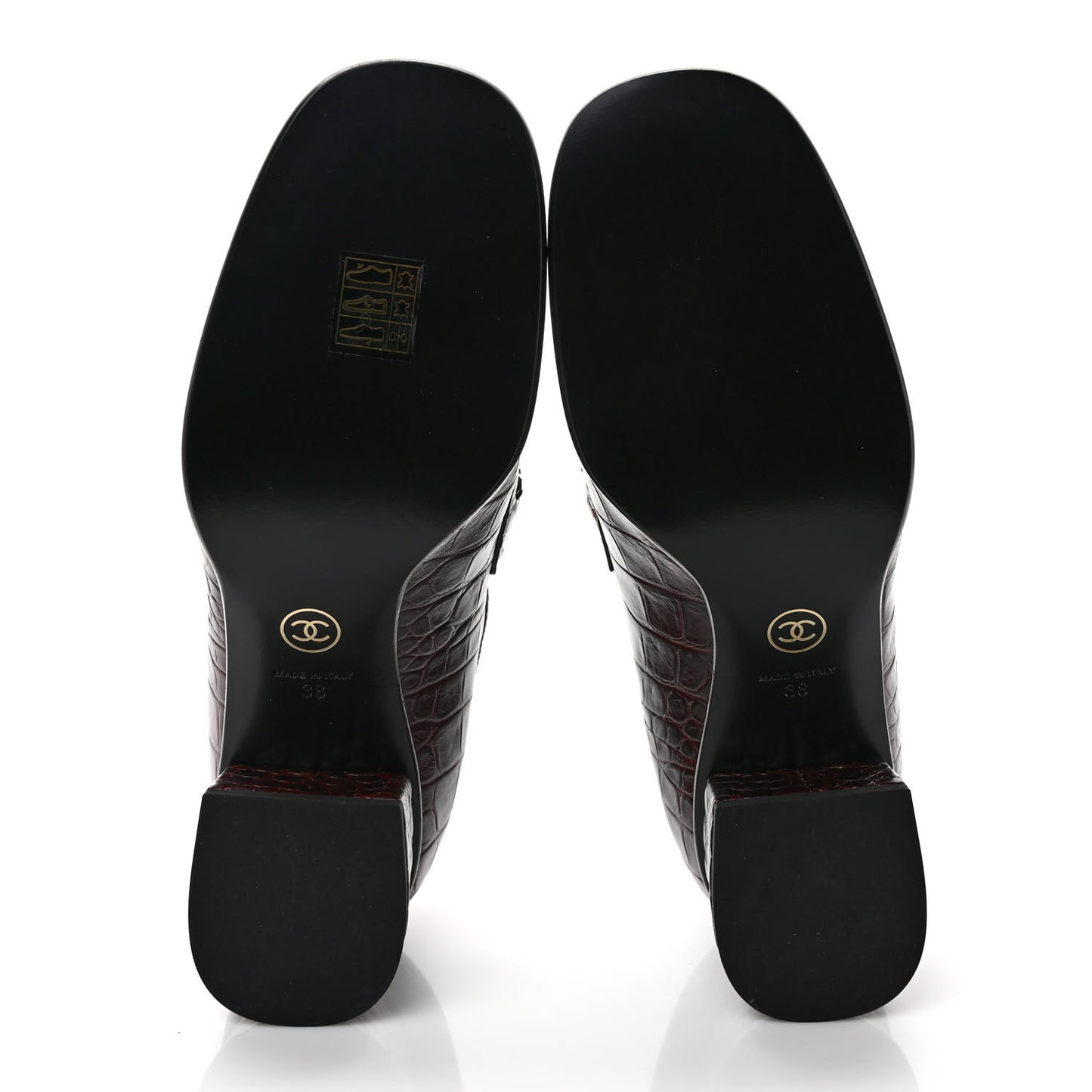Crocodile Embossed Calfskin CC Chain Mocassin Loafers 38 Burgundy Black