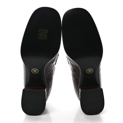 Chanel Crocodile Embossed Calfskin CC Chain Mocassin Loafers 38 Burgundy Black 5 of 9