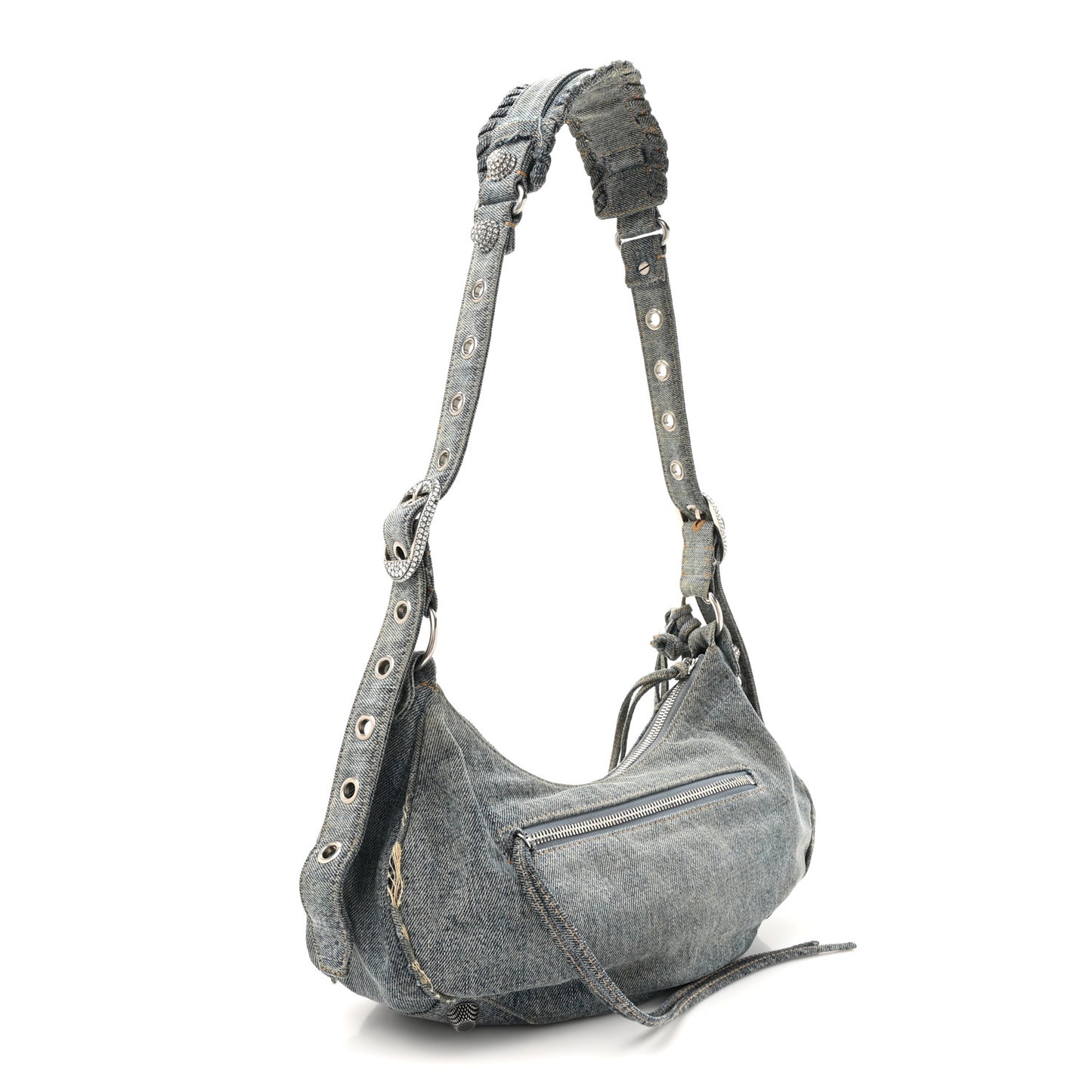 Washed Frayed Denim Crystal Small Le Cagole Shoulder Bag Blue