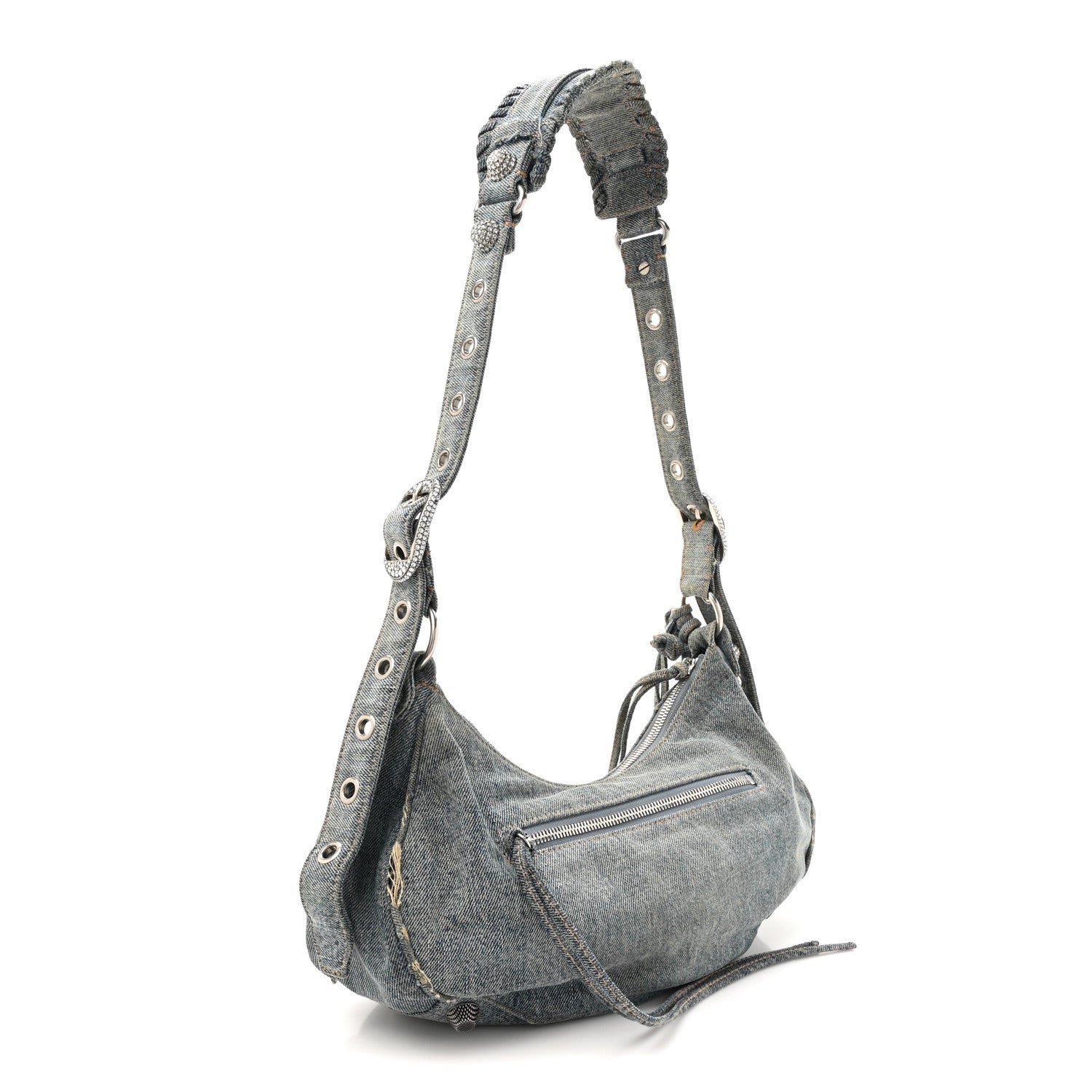 Balenciaga Washed Frayed Denim Crystal Small Le Cagole Shoulder Bag Blue 4 of 15