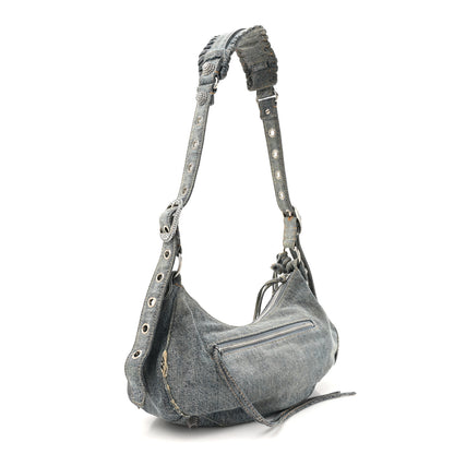 Balenciaga Washed Frayed Denim Crystal Small Le Cagole Shoulder Bag Blue 4 of 15