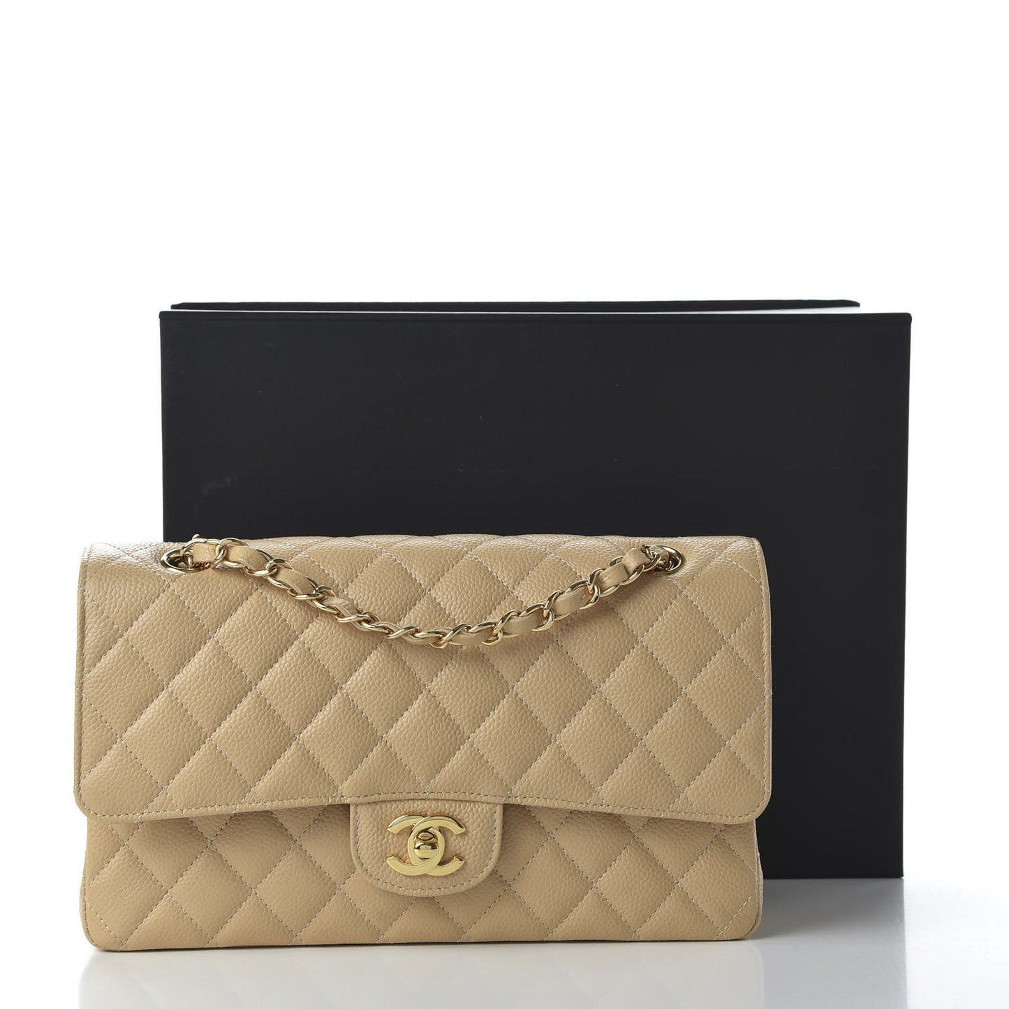 Caviar Quilted Medium Double Flap Beige