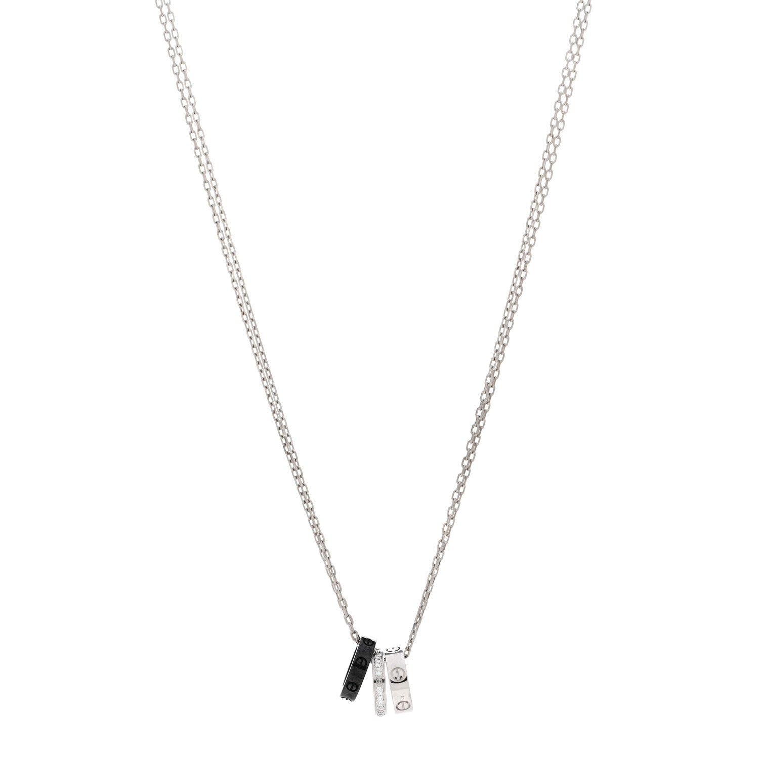 Cartier 18K White Gold Ceramic Diamond Three Ring LOVE Necklace 1 of 4