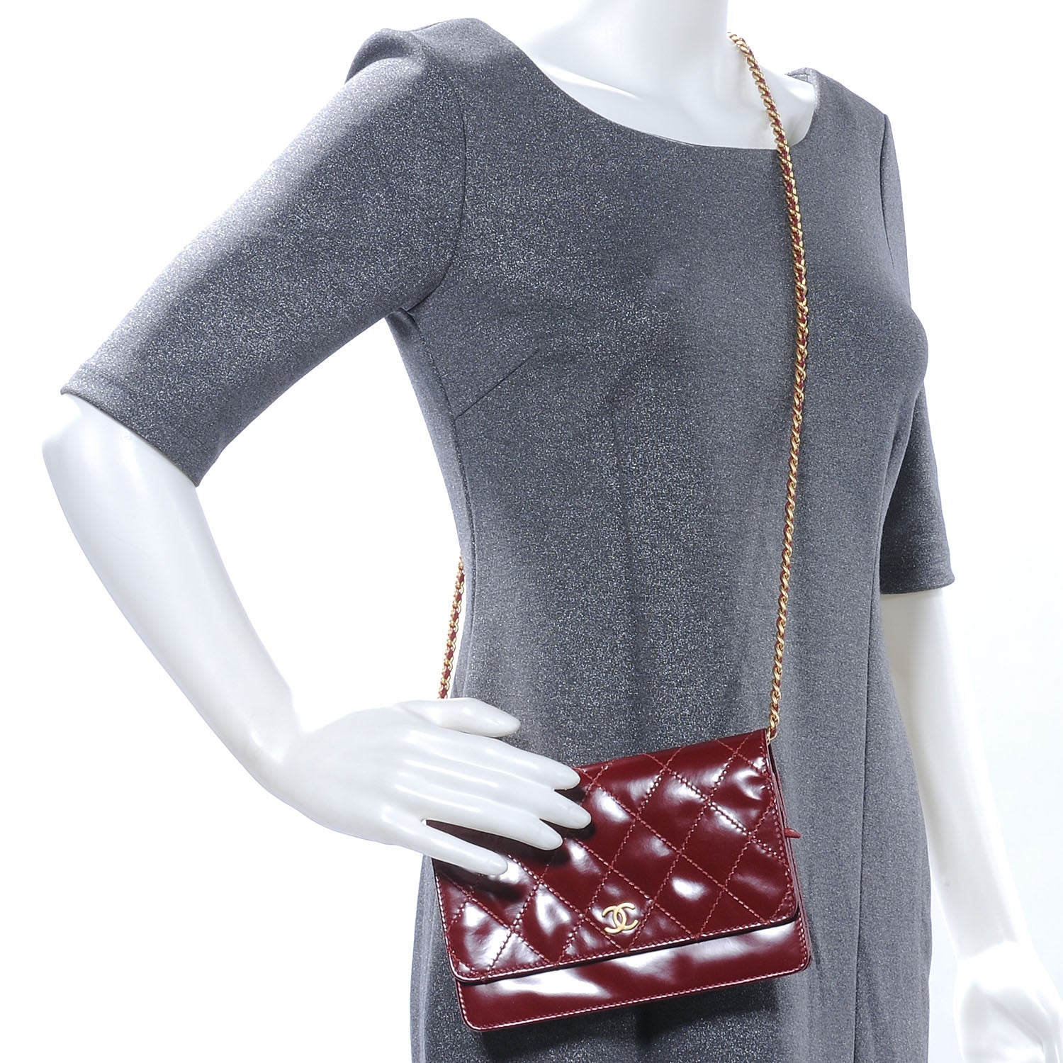 Chanel Patent Quilted Wallet On Chain WOC Red 2 of 8