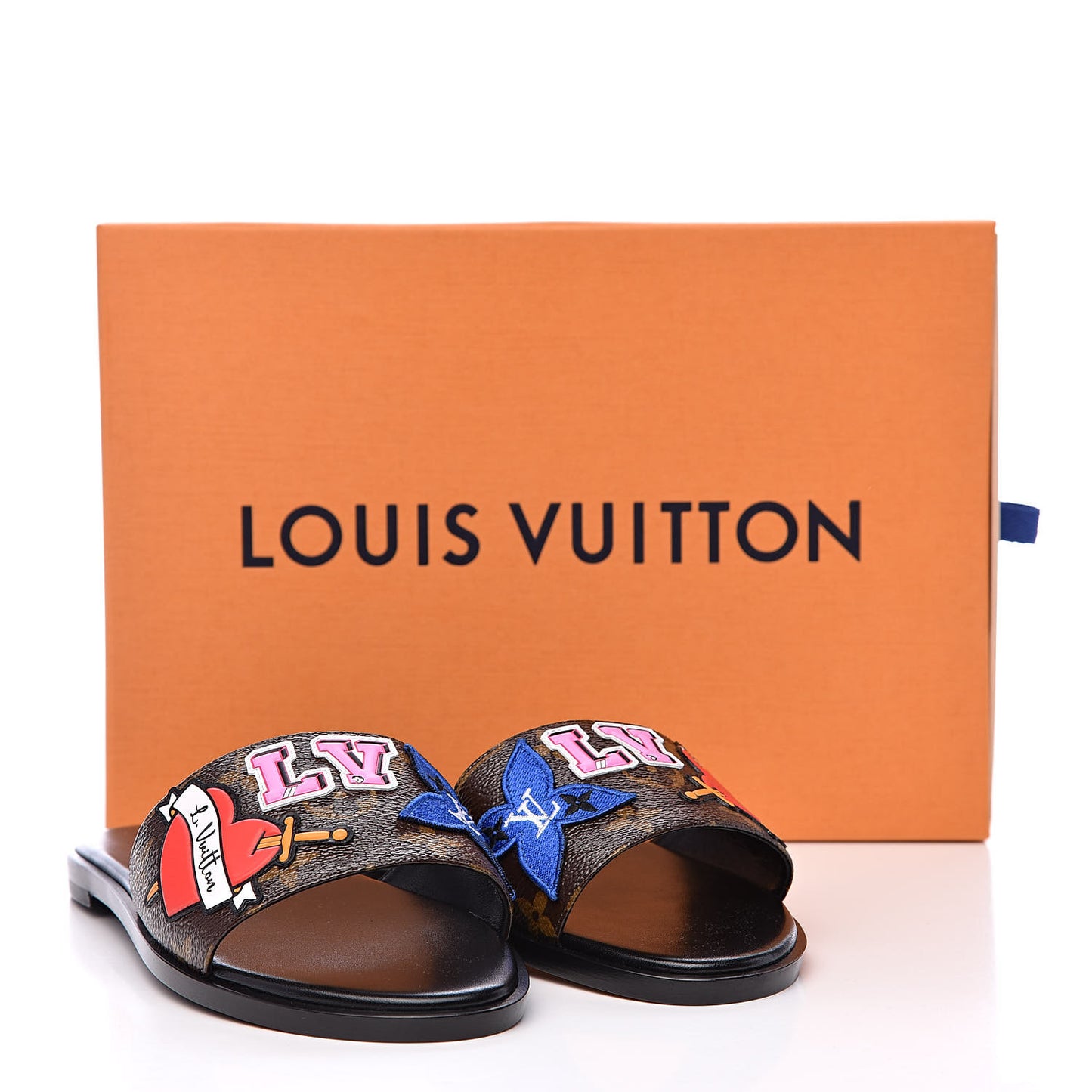 Patent Calfskin Monogram LV Black Heart Flat Mules 36 Cacao