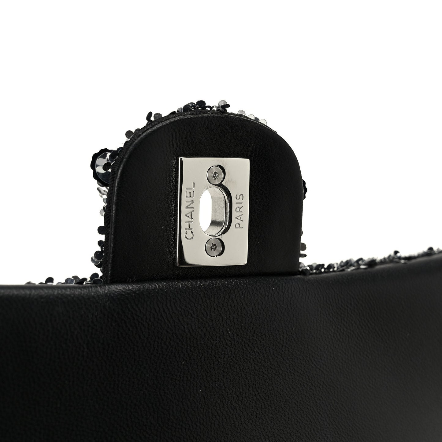 Sequin Camellia Small Single Flap Silver Black