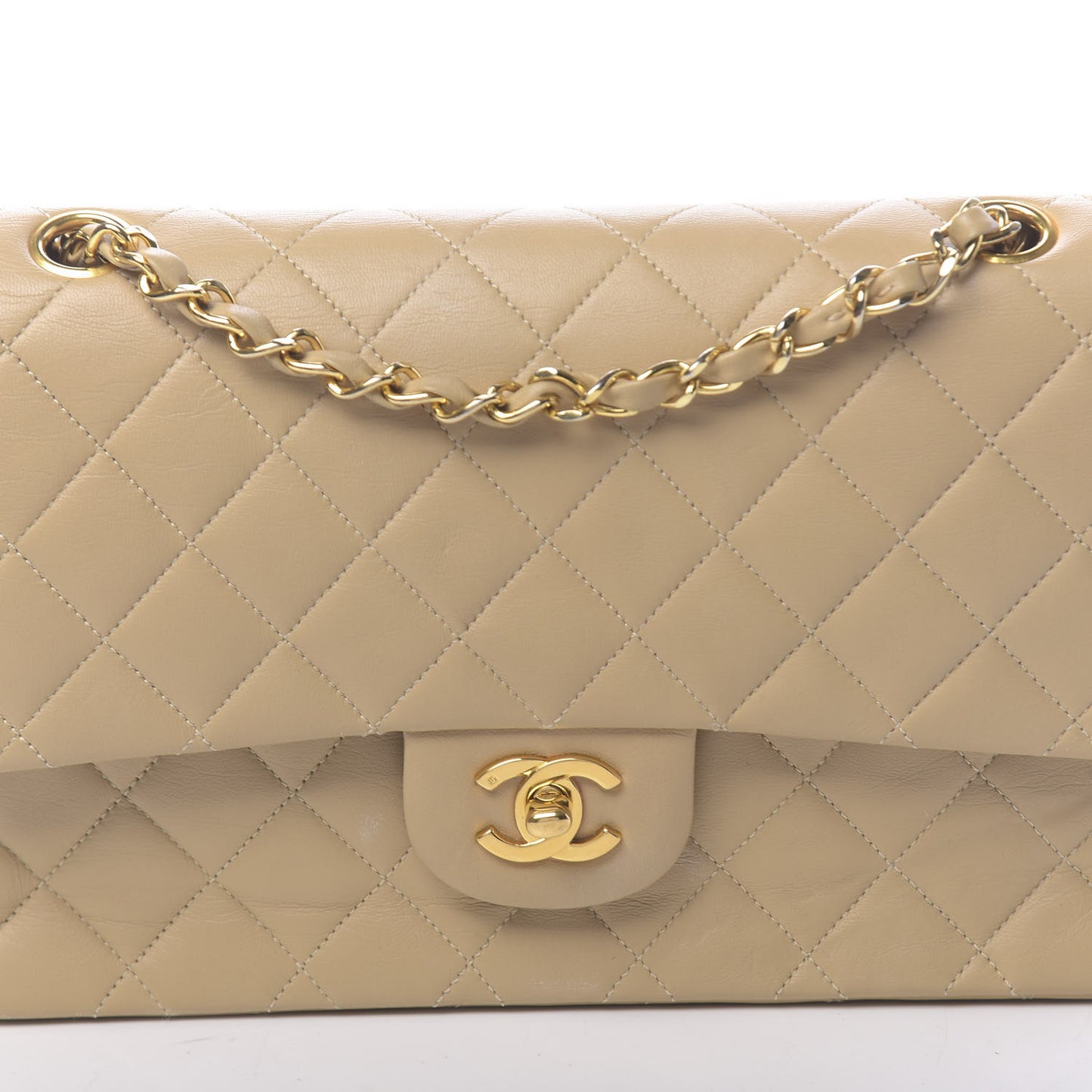 Lambskin Quilted Medium Double Flap Beige