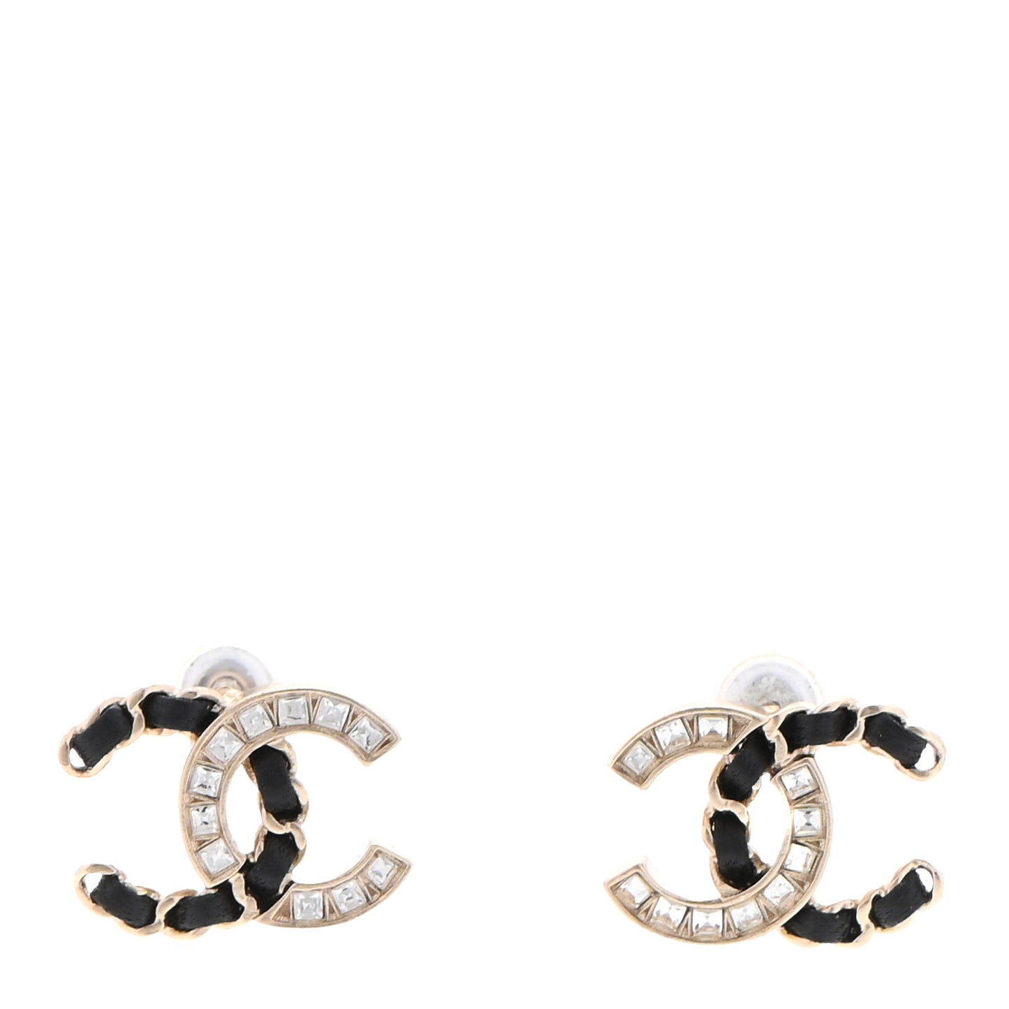 Crystal Baguette Lambskin Chain CC Vintage Allure Stud Earrings Black Gold