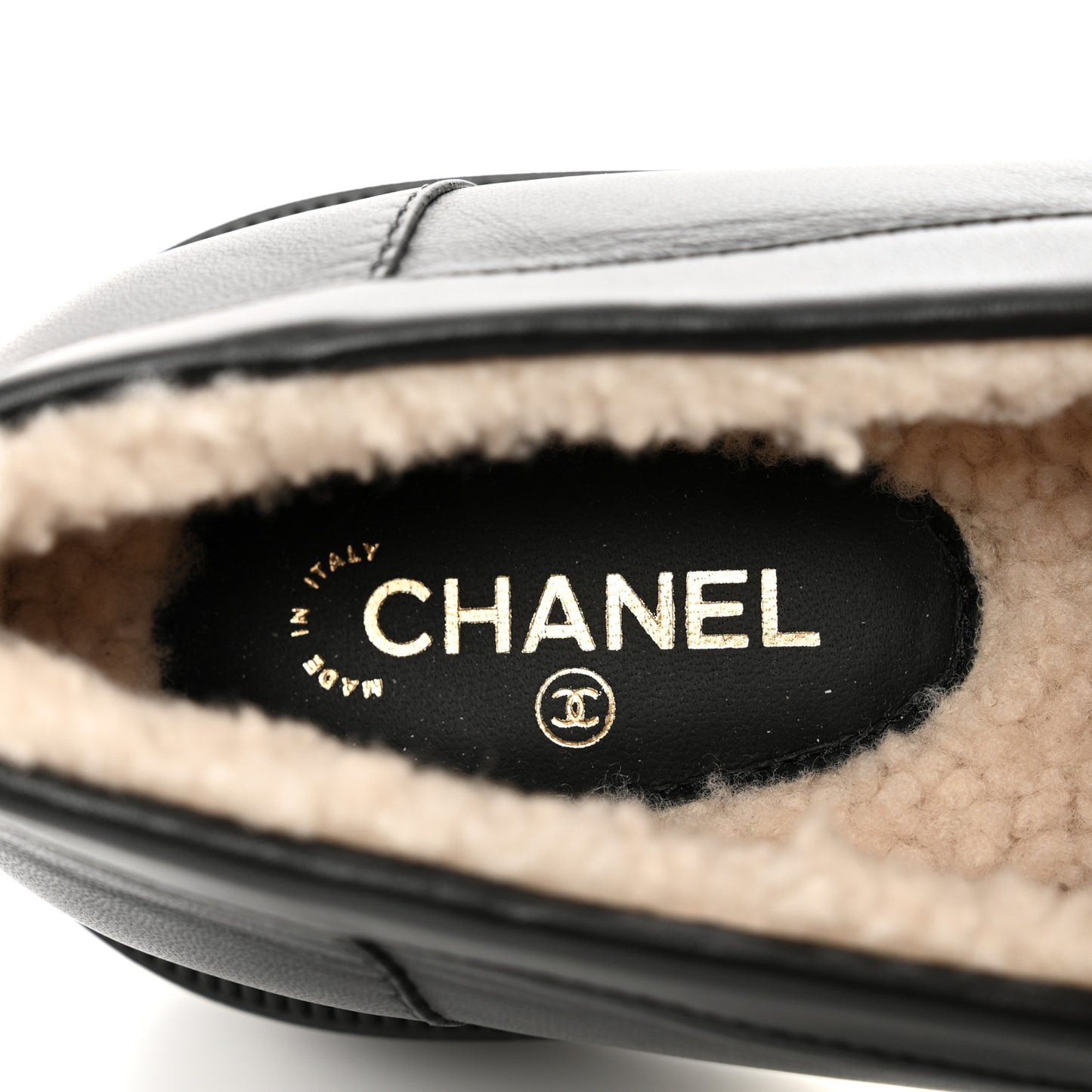Lambskin Shearling Quilted CC Turnlock Loafers 38.5 Black
