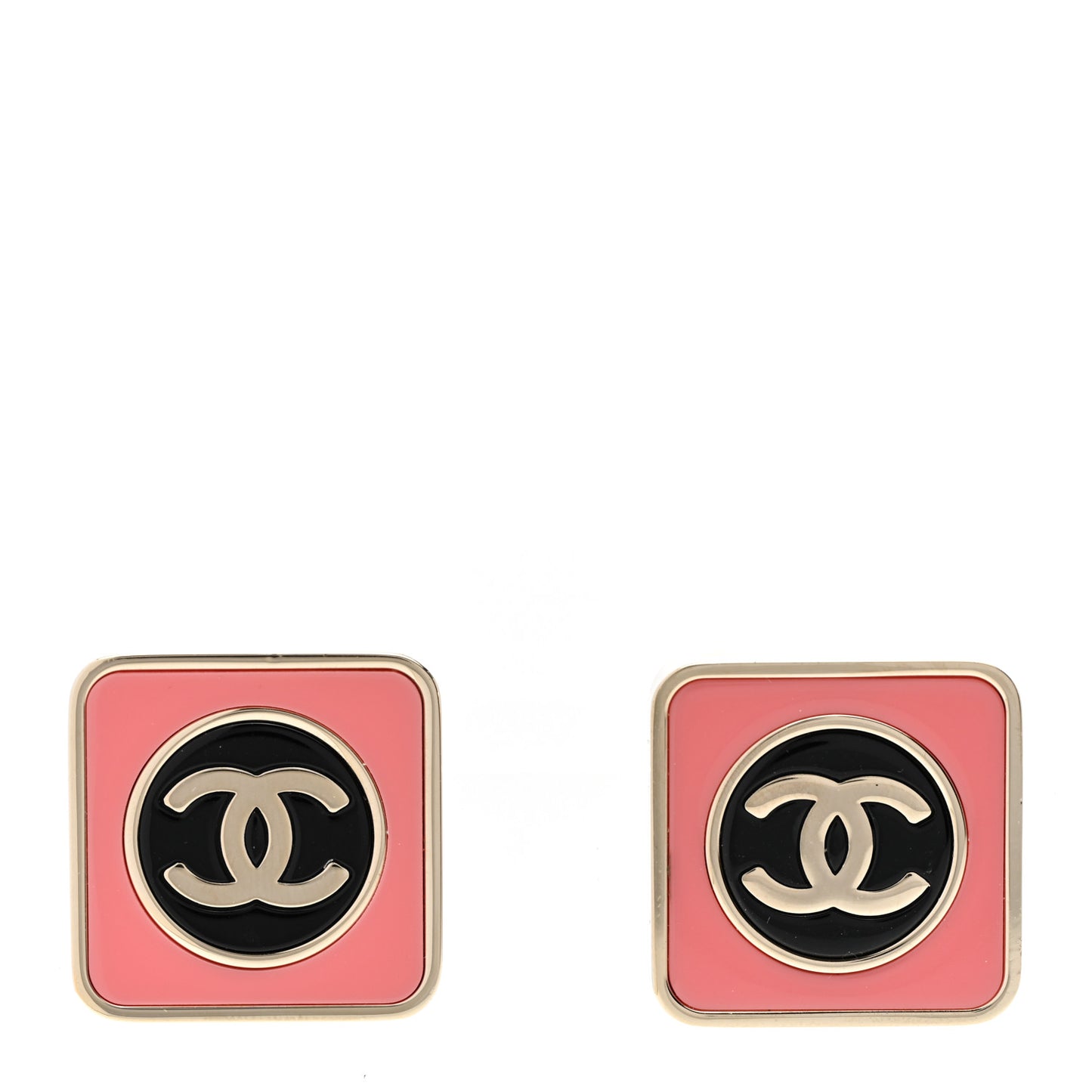 Metal Enamel CC Square Earrings Gold Black Pink