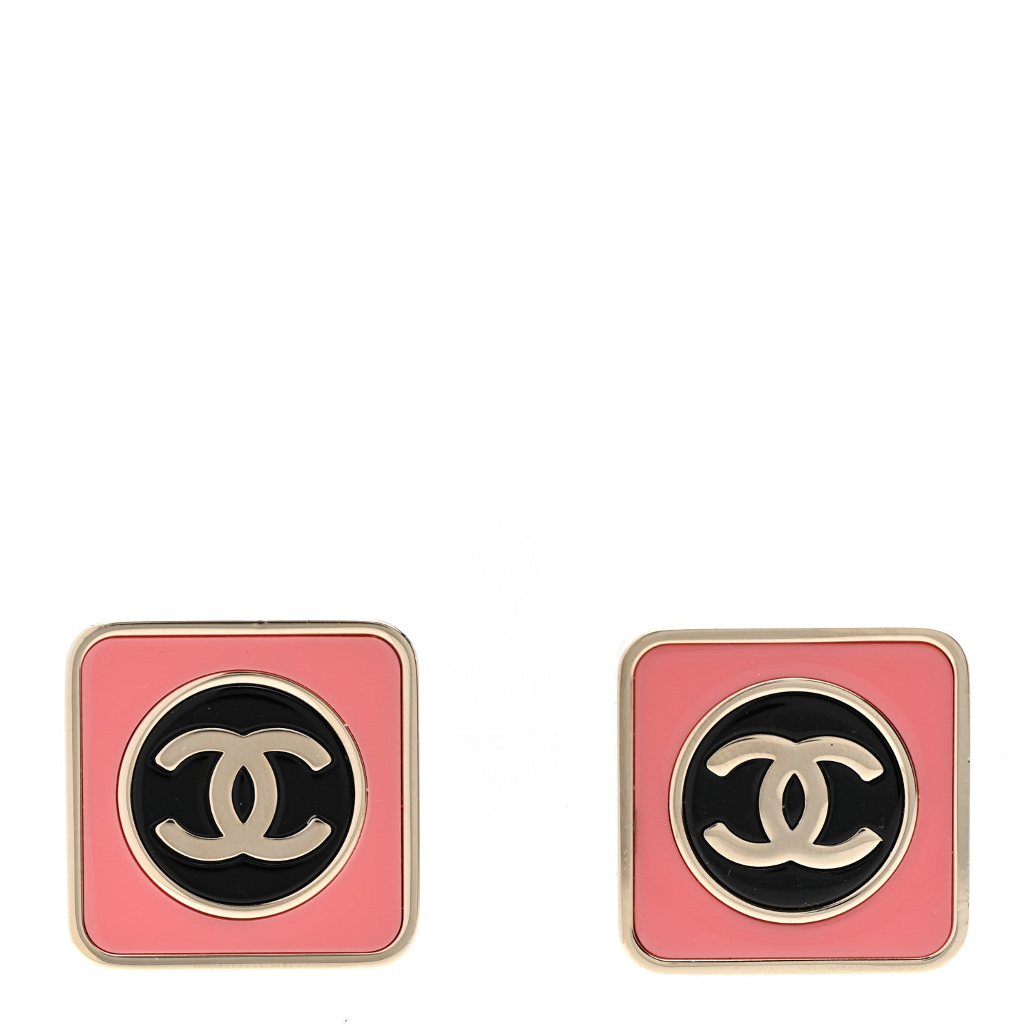 Chanel Metal Enamel CC Square Earrings Gold Black Pink 1 of 5