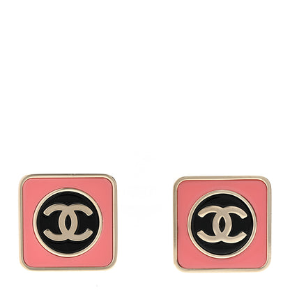 Chanel Metal Enamel CC Square Earrings Gold Black Pink 1 of 5