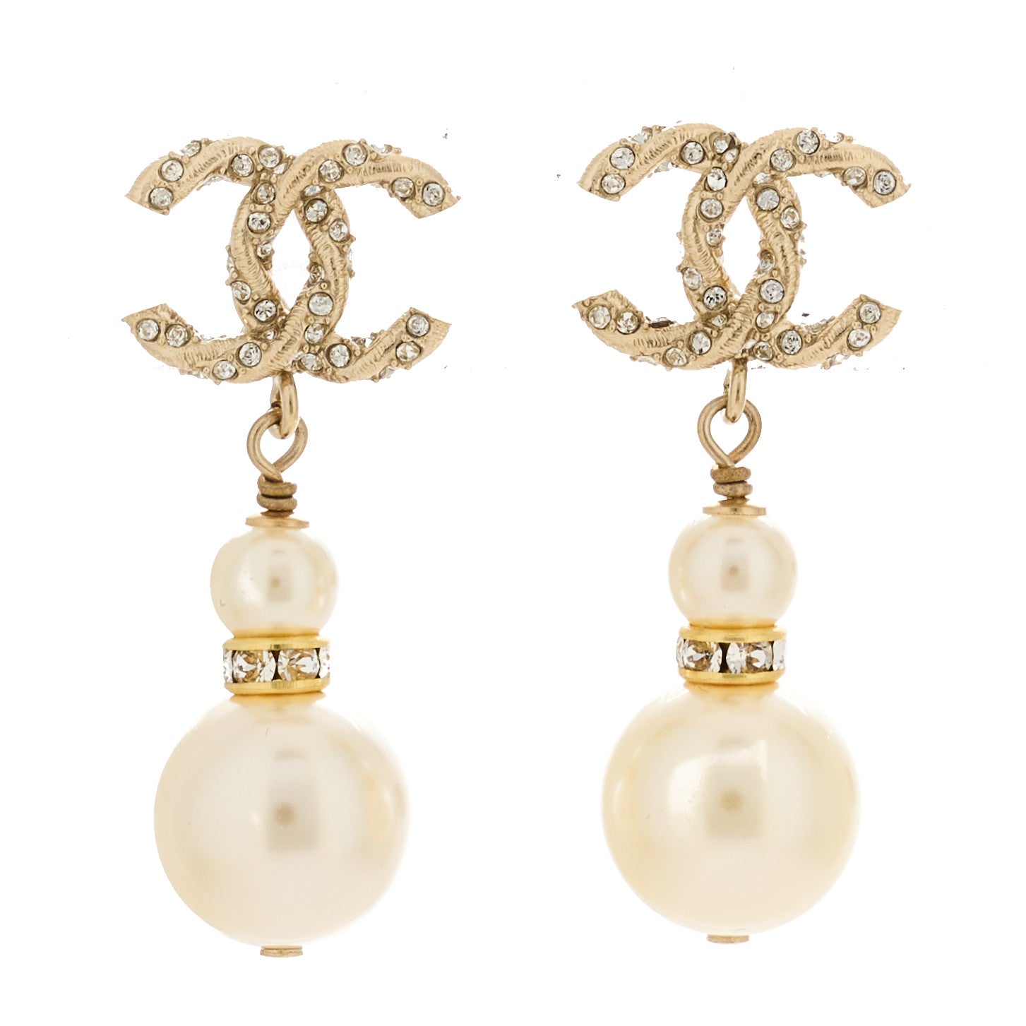 Chanel Crystal Pearl CC Drop Earrings Gold Pearly White 1 of 5