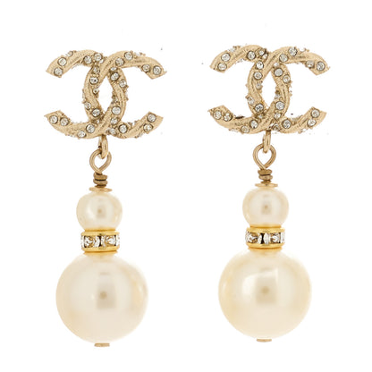 Chanel Crystal Pearl CC Drop Earrings Gold Pearly White 1 of 5