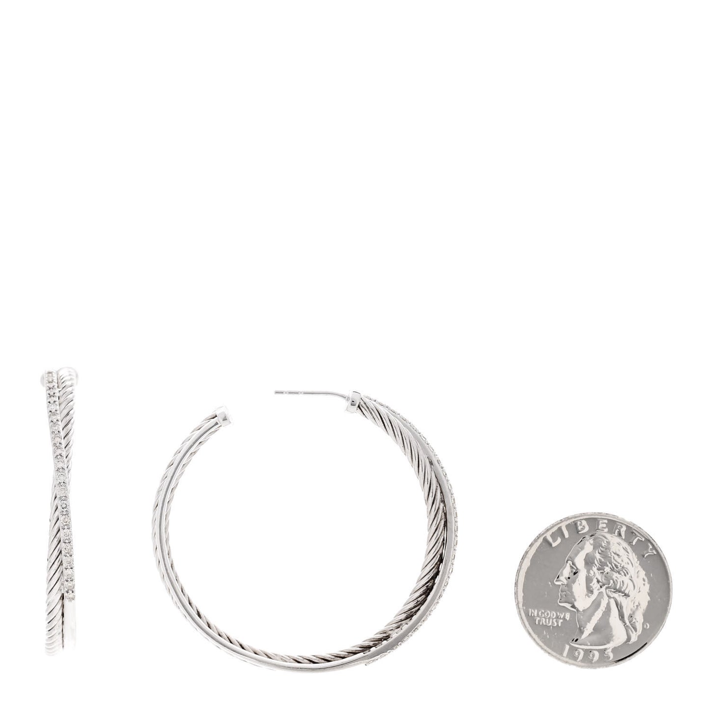 Sterling Silver 14K White Gold Diamond 44mm Crossover Hoop Earrings