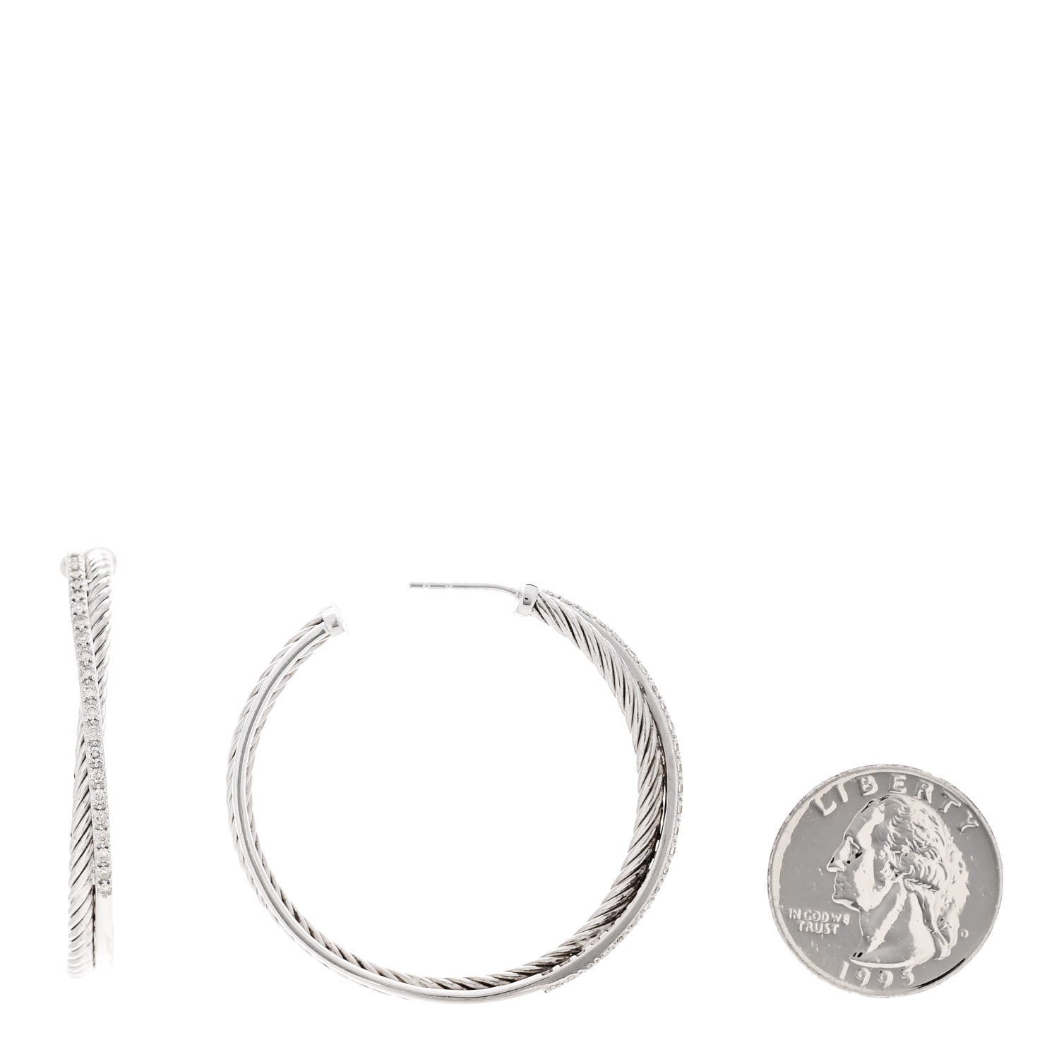 David Yurman Sterling Silver 14K White Gold Diamond 44mm Crossover Hoop Earrings 2 of 7