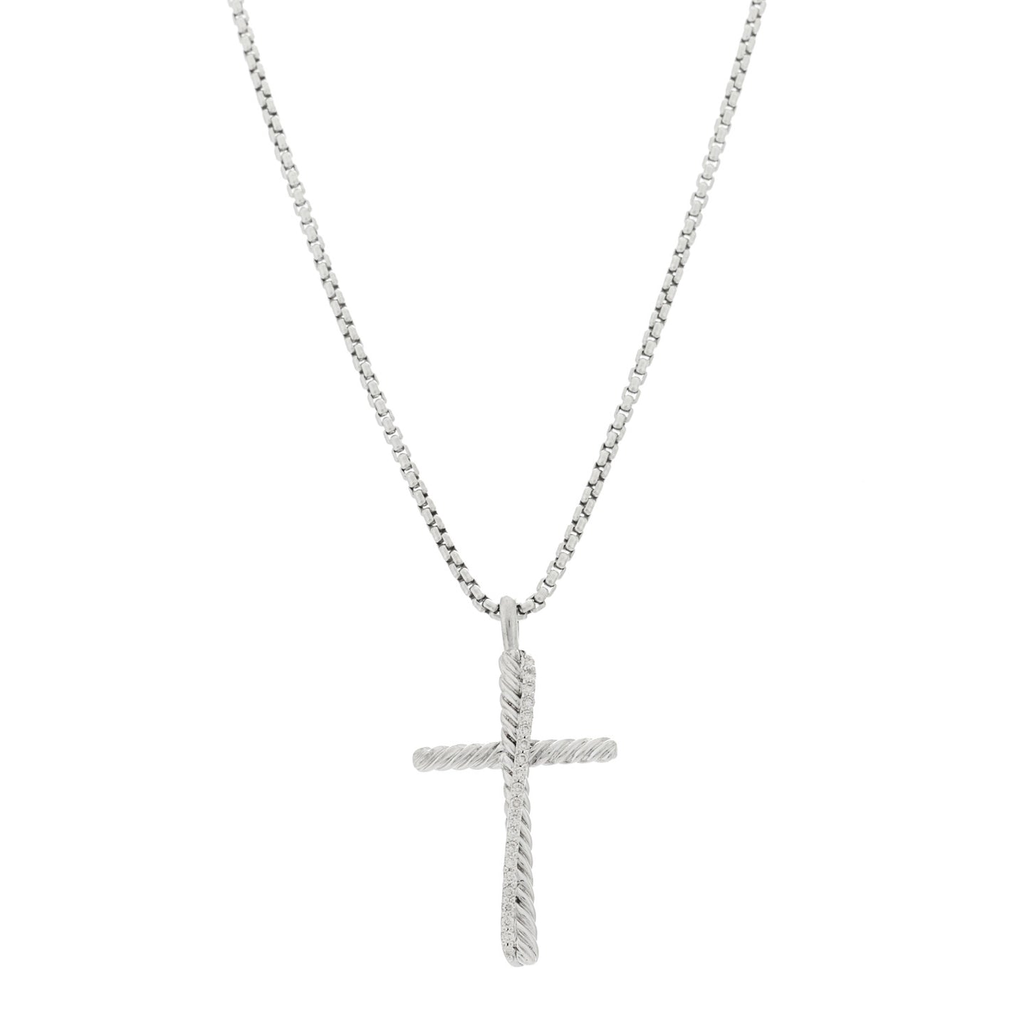Sterling Silver Diamond Pave 29mm Crossover Cross Necklace