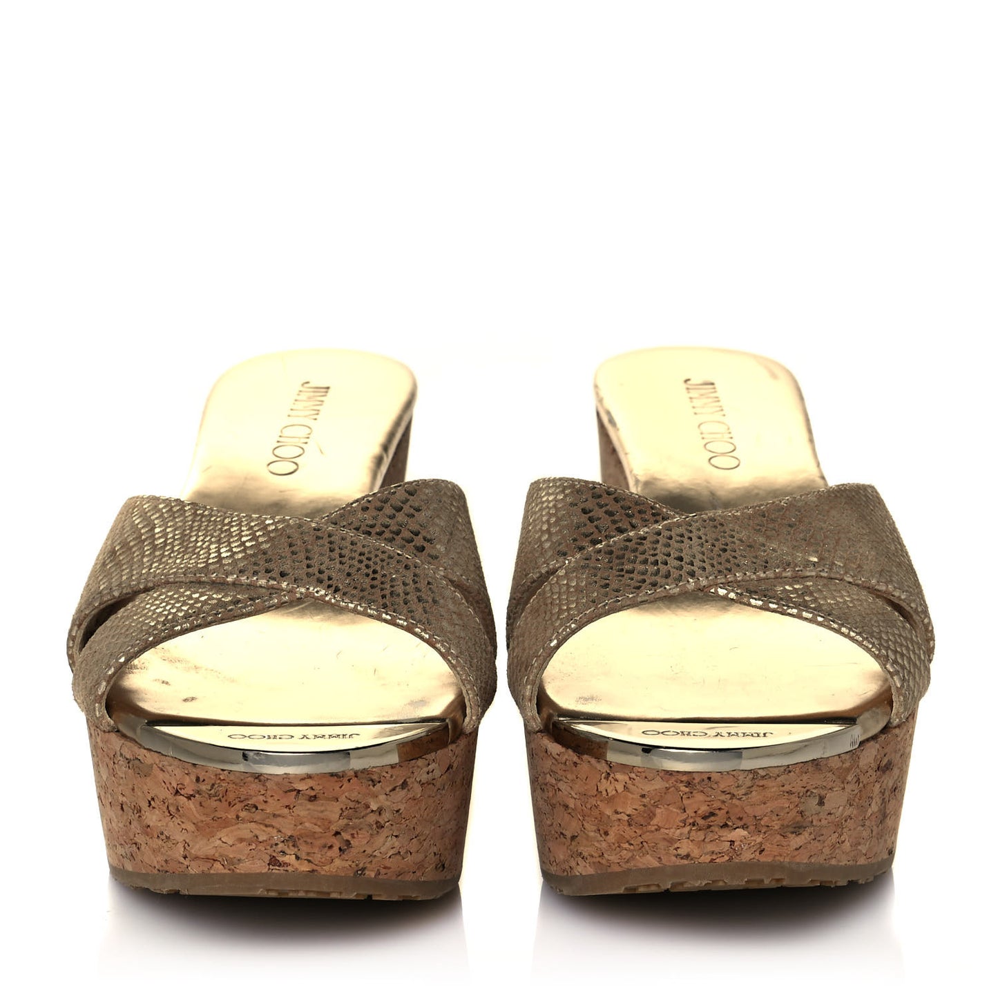 Metallic Suede Snakeskin Embossed Prima Cork Wedge Sandals 36.5 Gold