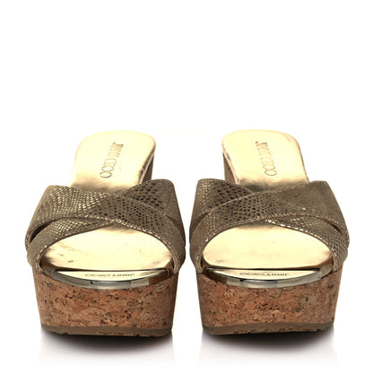 Jimmy Choo Metallic Suede Snakeskin Embossed Prima Cork Wedge Sandals 36.5 Gold 2 of 11