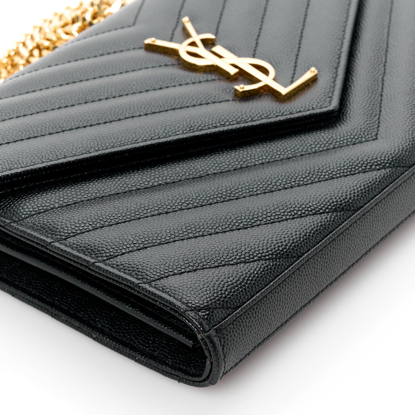 Grain De Poudre Matelasse Chevron Monogram Envelope Chain Wallet Black
