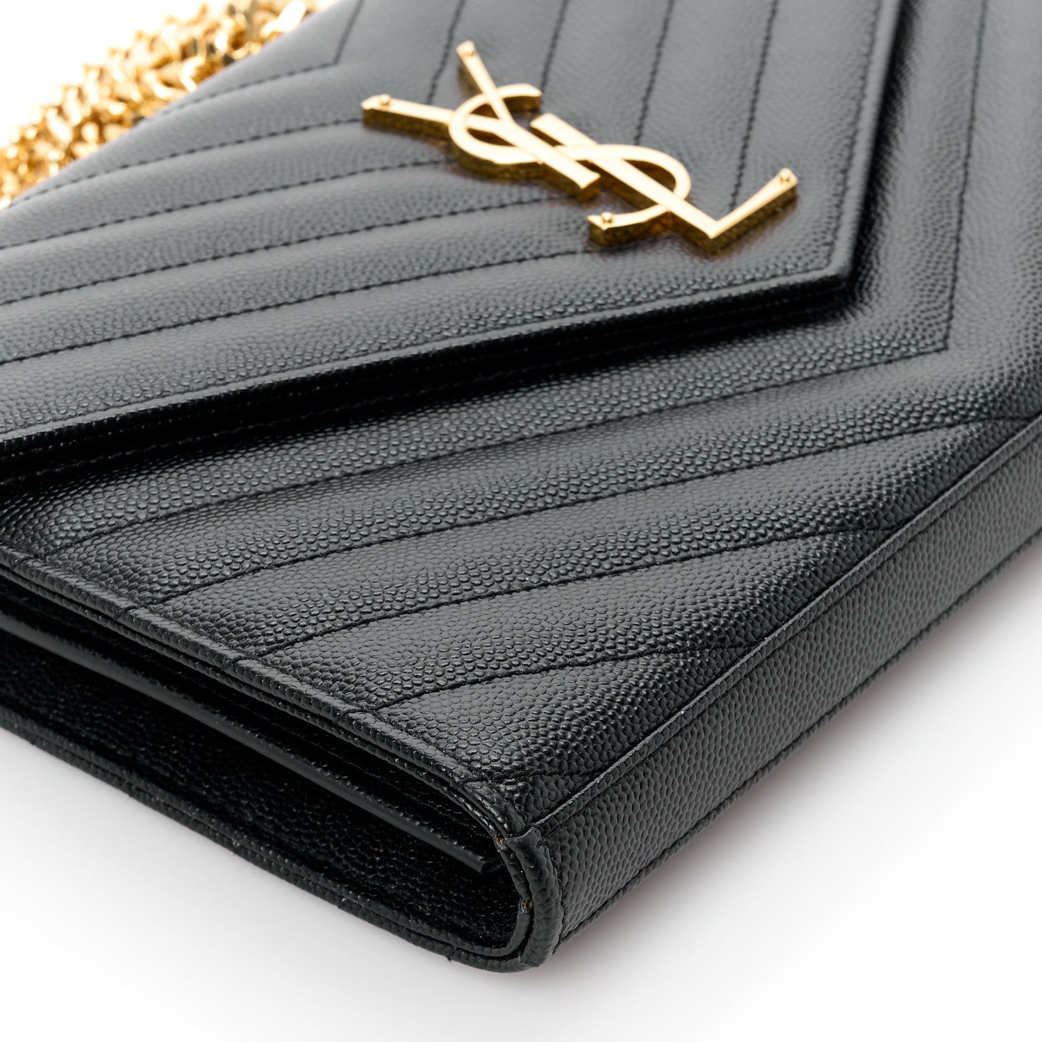 Saint Laurent Grain De Poudre Matelasse Chevron Monogram Envelope Chain Wallet Black 9 of 11