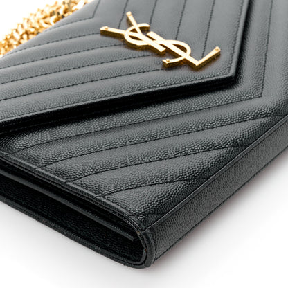 Saint Laurent Grain De Poudre Matelasse Chevron Monogram Envelope Chain Wallet Black 9 of 11
