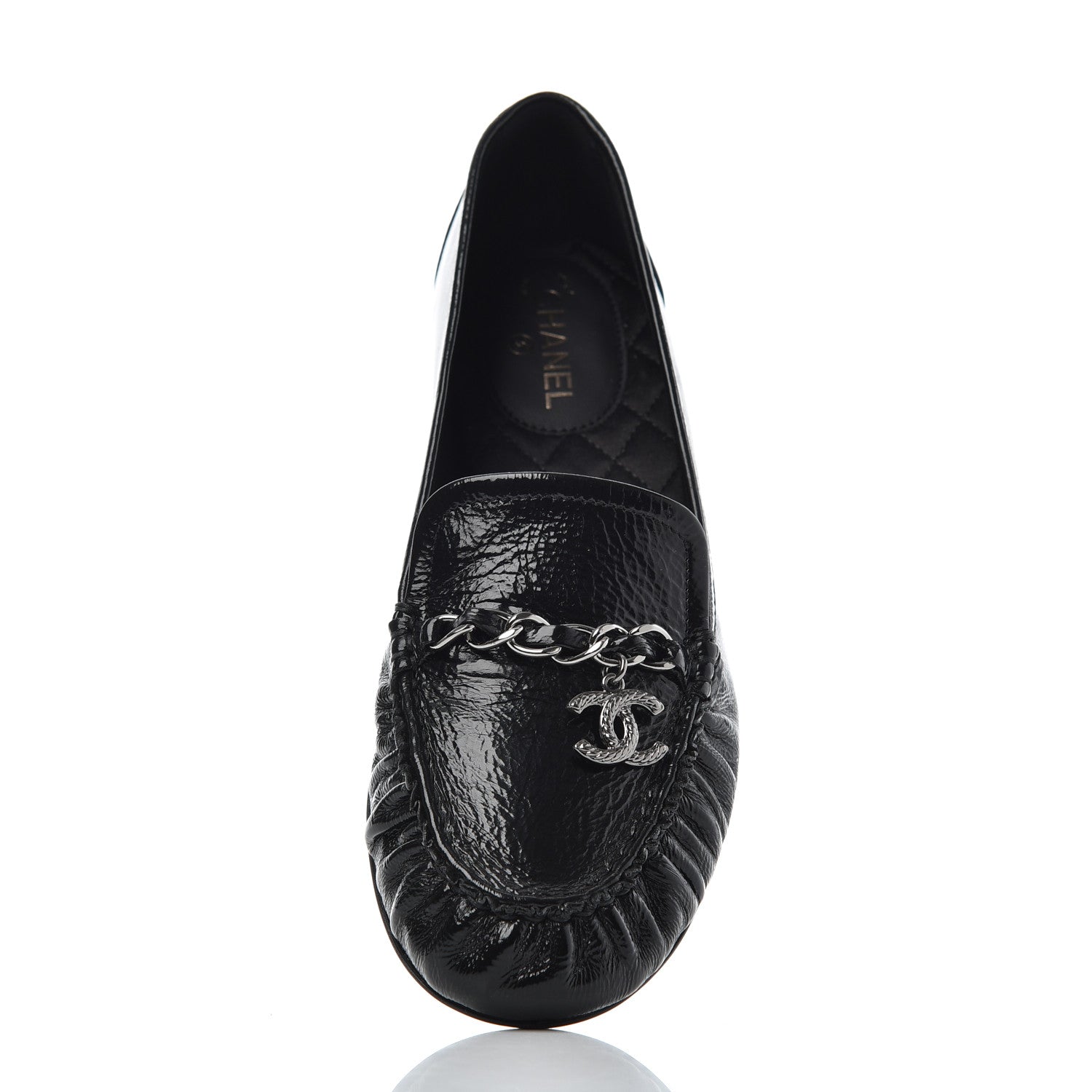 Chanel Crackled Patent Calfskin CC Mocassin Loafers 38 Black 13 of 14