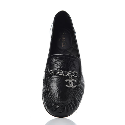 Chanel Crackled Patent Calfskin CC Mocassin Loafers 38 Black 13 of 14
