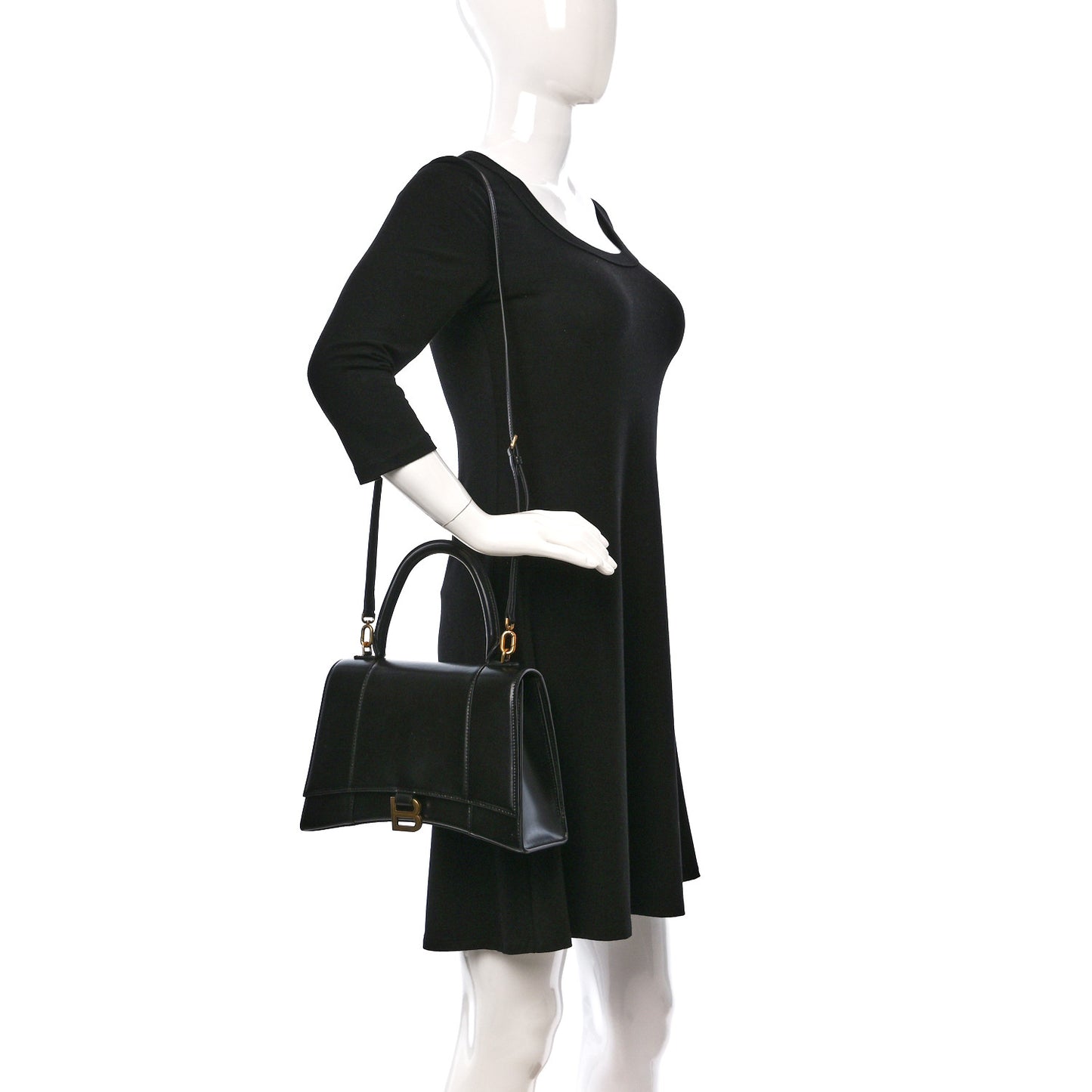 Shiny Box Calfskin Medium Hourglass Top Handle Bag Black