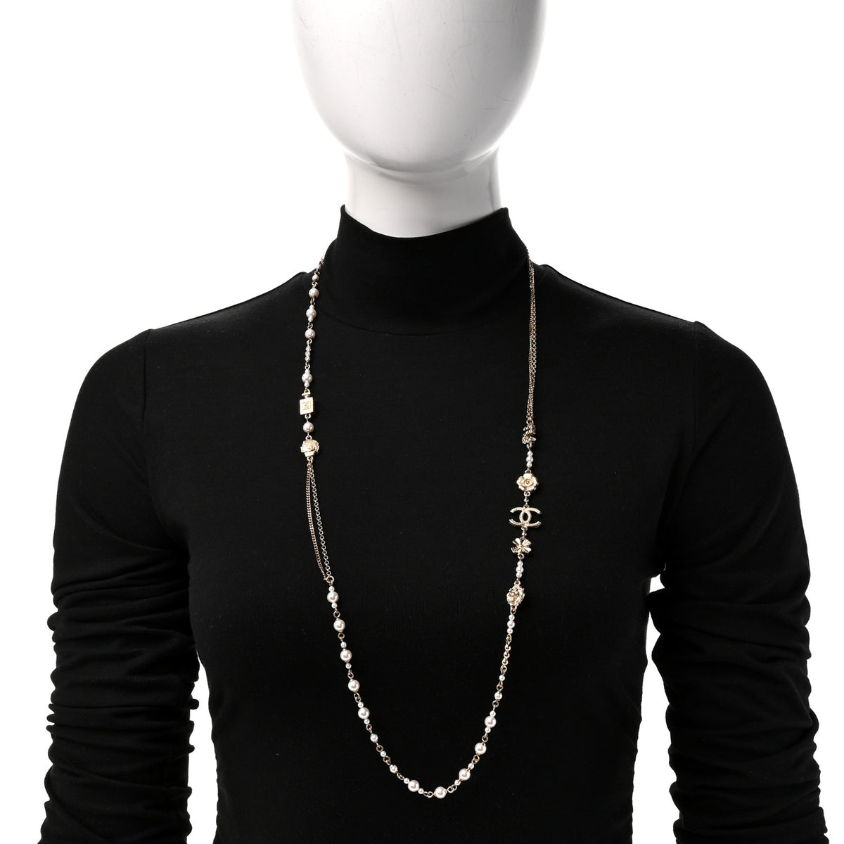 Chanel Pearl Crystal Graduated CC No.5 Perfume Bottle Flower Long Necklace Gold White 2 of 4