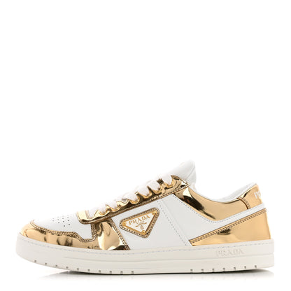 Prada Vitello Metallic Calfskin Metal Triangle Logo Womens Downtown Low Top 30mm Sneakers 41 White Platino 1 of 12