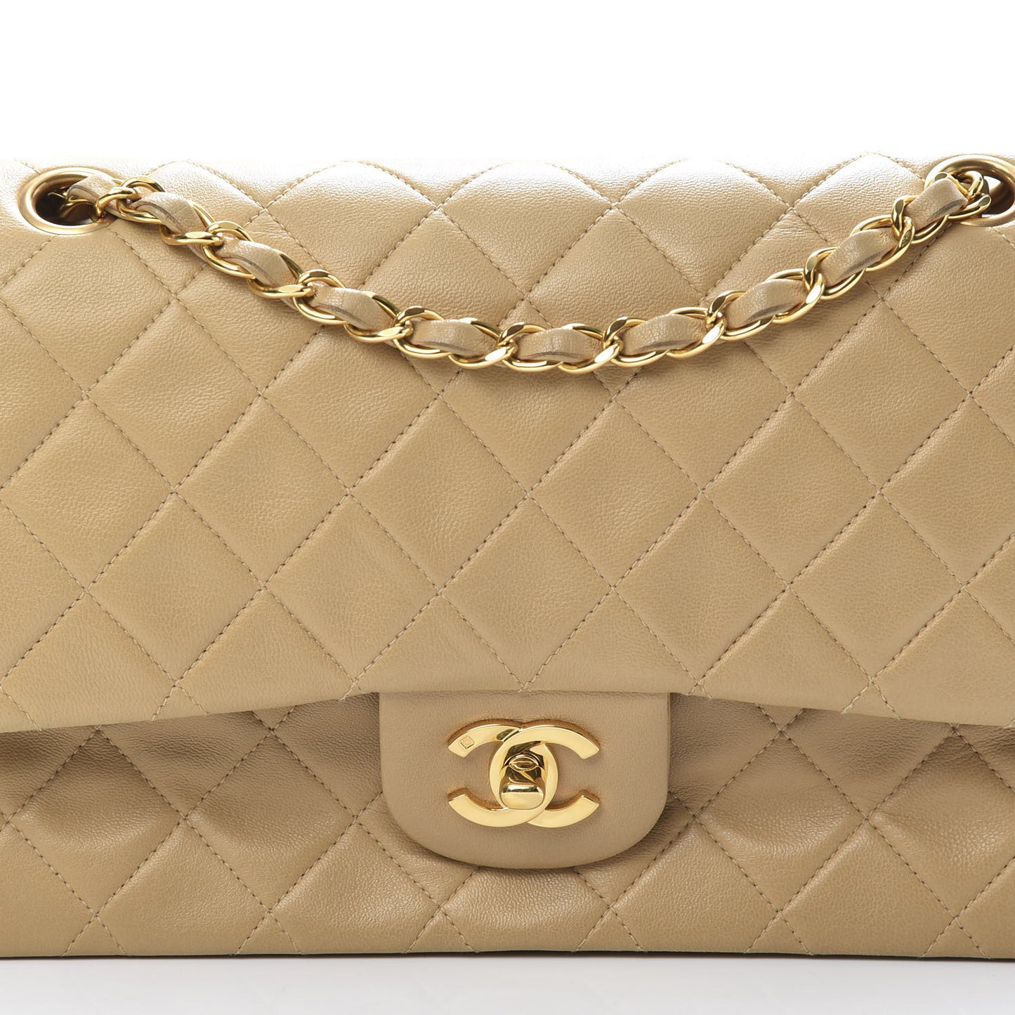 Lambskin Quilted Medium Double Flap Beige