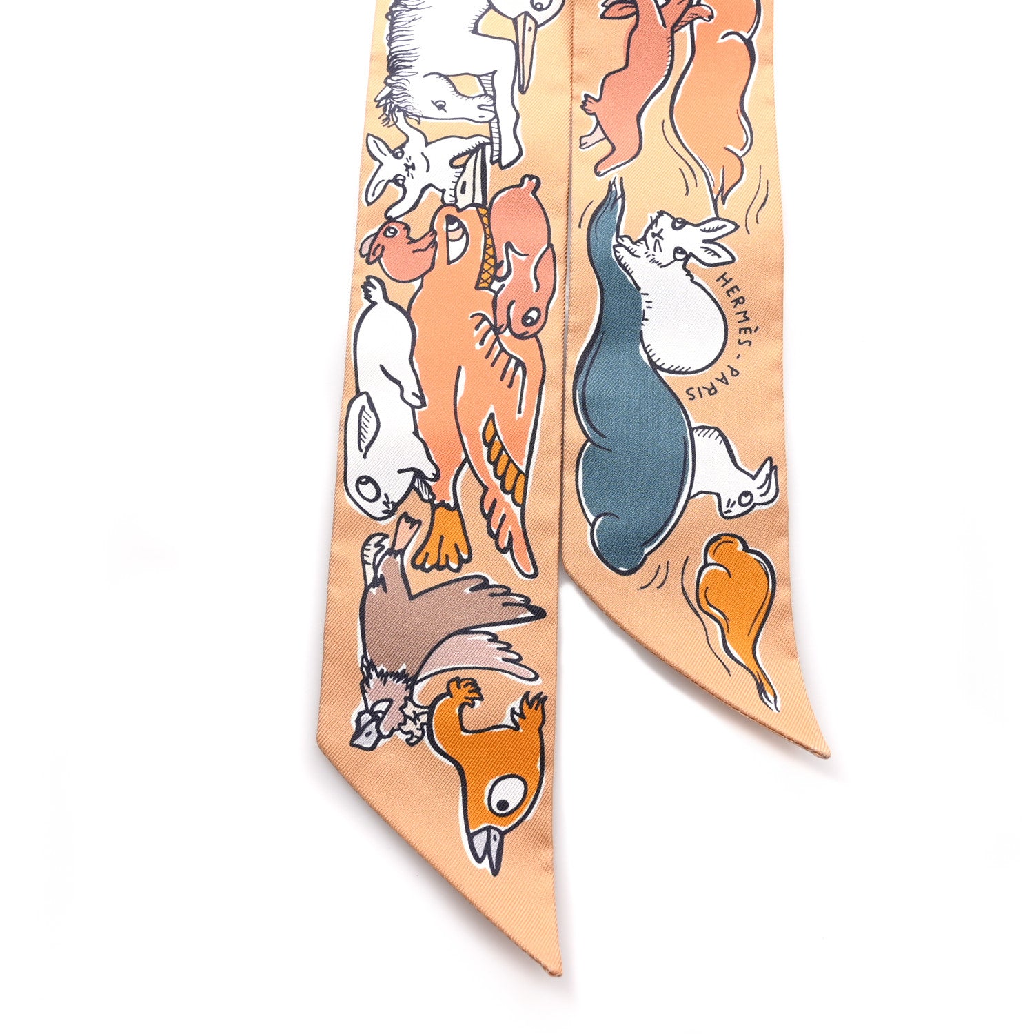 Hermes Silk Mille Et Un Lapins Twilly Beige Dore Abricot White 2 of 3