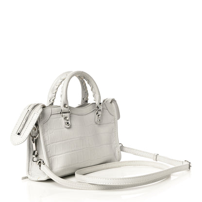 Balenciaga Matte Supple Lambskin Crocodile Embossed Classic Silver Hardware Nano City White 2 of 11