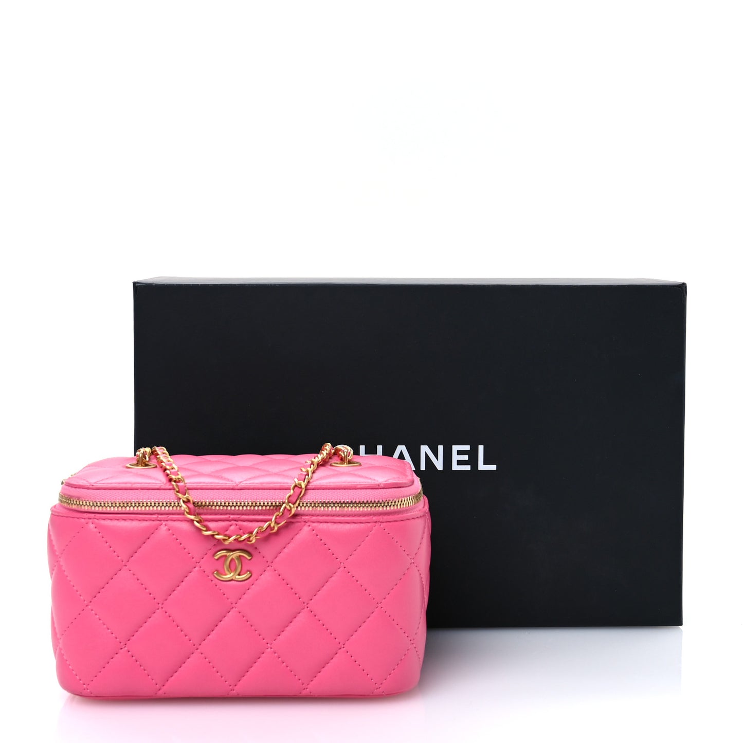 Lambskin Enamel Quilted Small Coco Hearts Vanity Case With Chain Pink