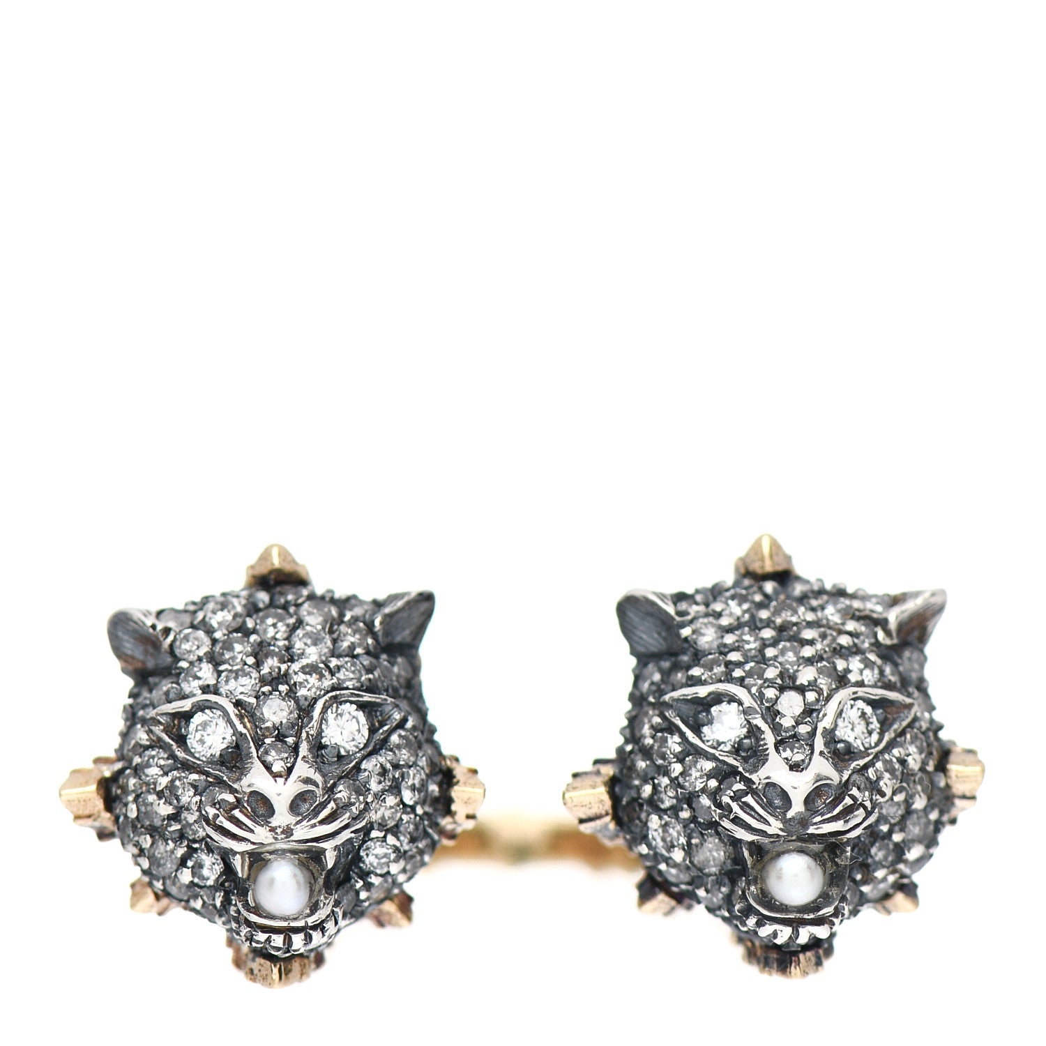 Gucci 18K White Yellow Gold Diamond Pearl Le Marche des Merveilles Tiger Head Ring 54 7 1 of 5