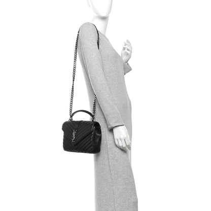 Saint Laurent Sheepskin Matelasse Chevron Monogram Medium College Bag Black 2 of 13