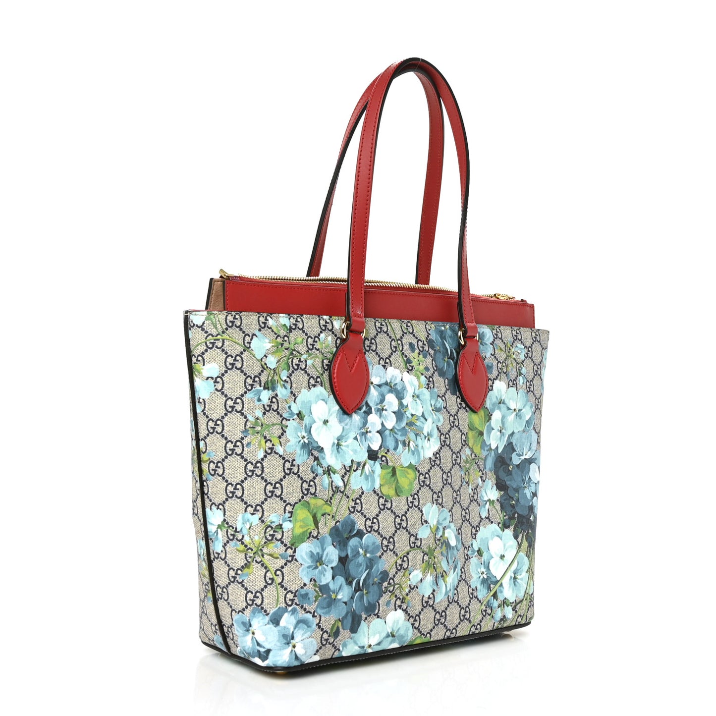 GG Supreme Monogram Blooms Medium Zippered Bucket Tote Beige Blue Navy Hibiscus Red