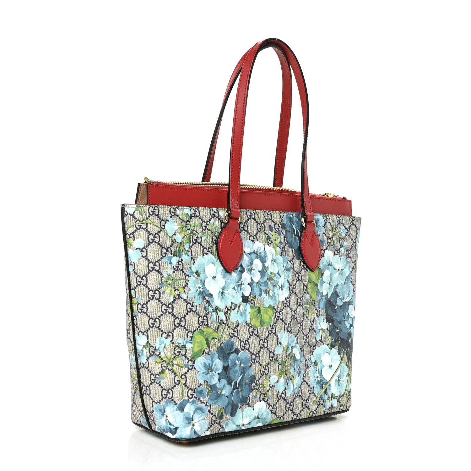 Gucci GG Supreme Monogram Blooms Medium Zippered Bucket Tote Beige Blue Navy Hibiscus Red 3 of 9